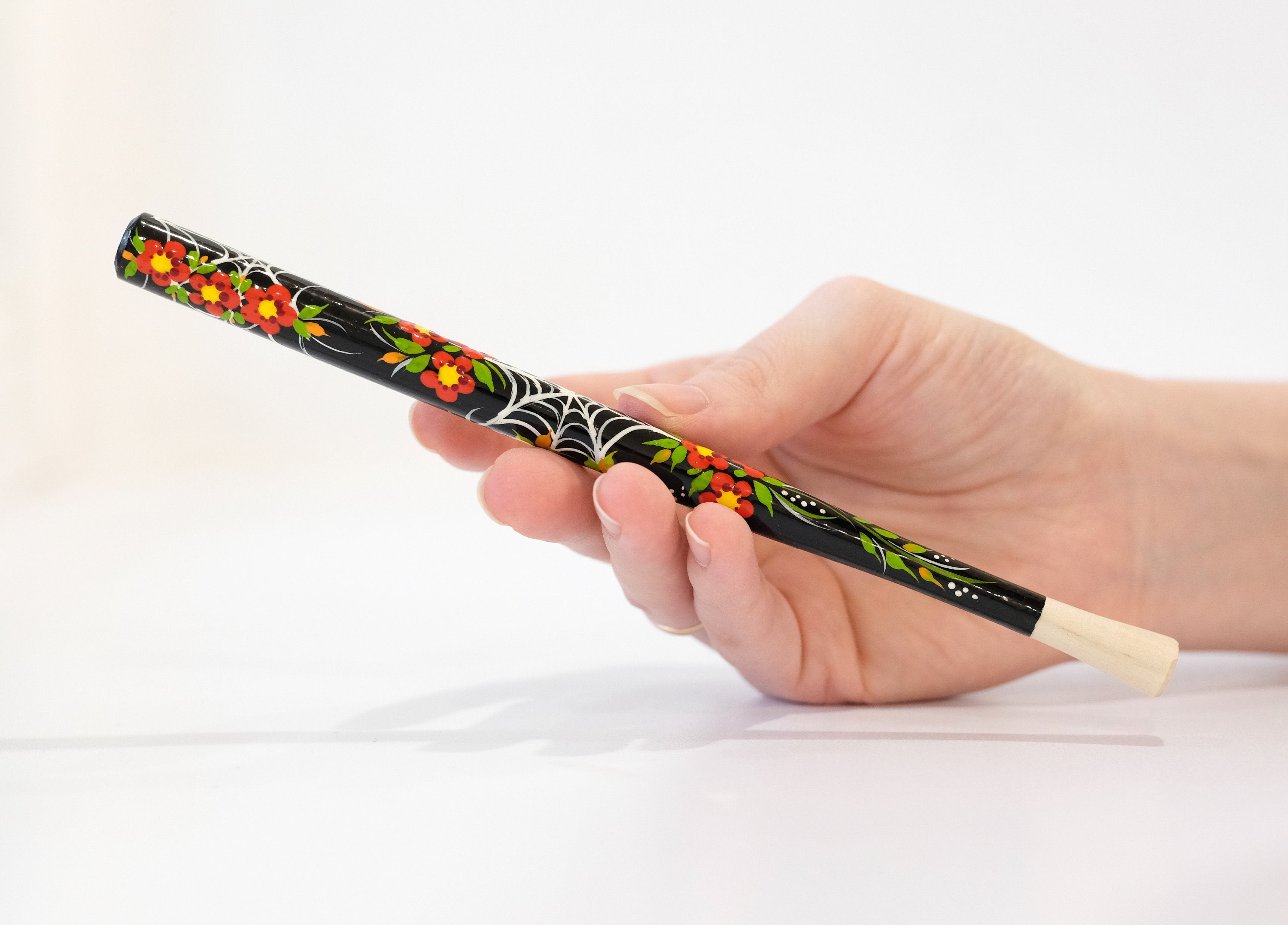 Wooden Regular Cigarette Holder - Hand-painted with Ukrainian Folk Art Petrykivka - Spider Web & Red Flowers