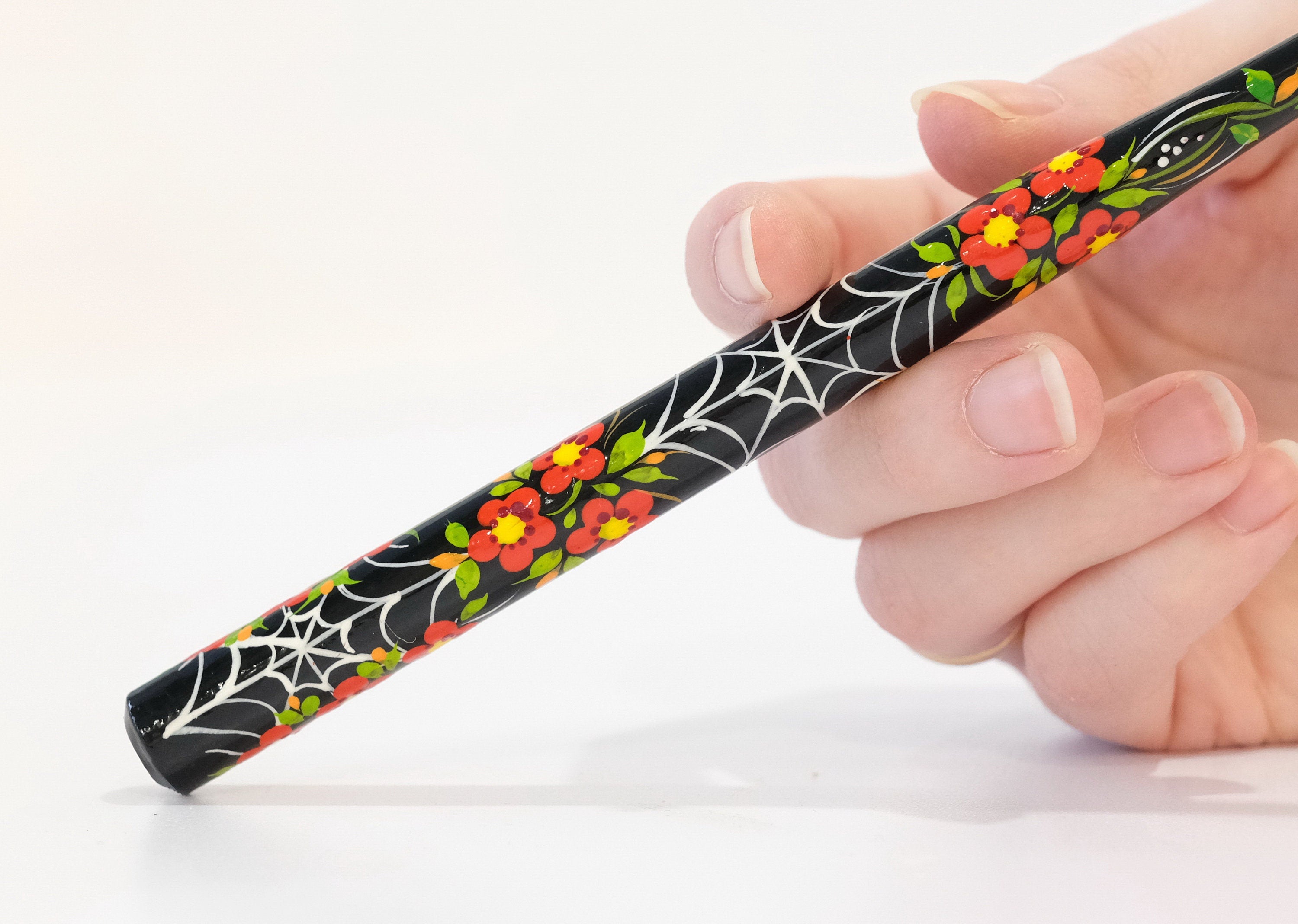 Wooden Regular Cigarette Holder - Hand-painted with Ukrainian Folk Art Petrykivka - Spider Web & Red Flowers
