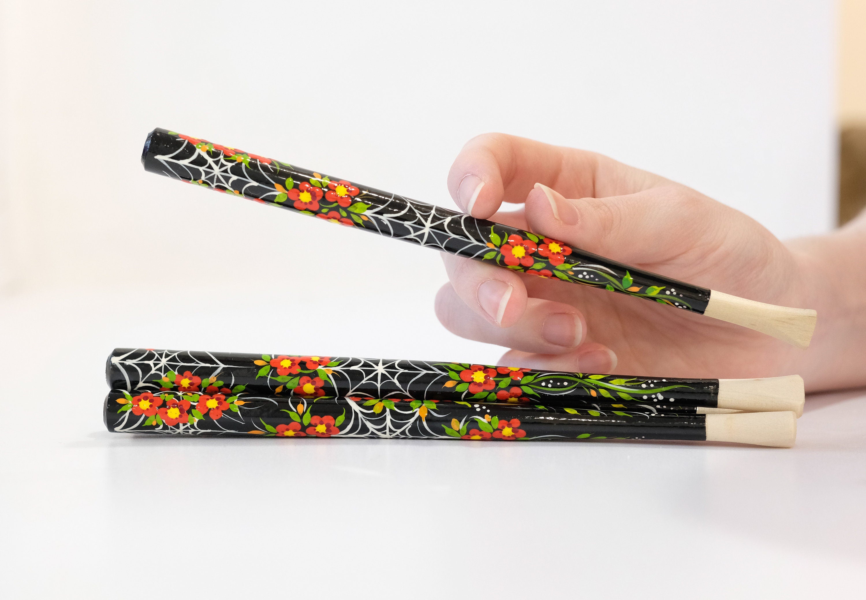 Wooden Regular Cigarette Holder - Hand-painted with Ukrainian Folk Art Petrykivka - Spider Web & Red Flowers