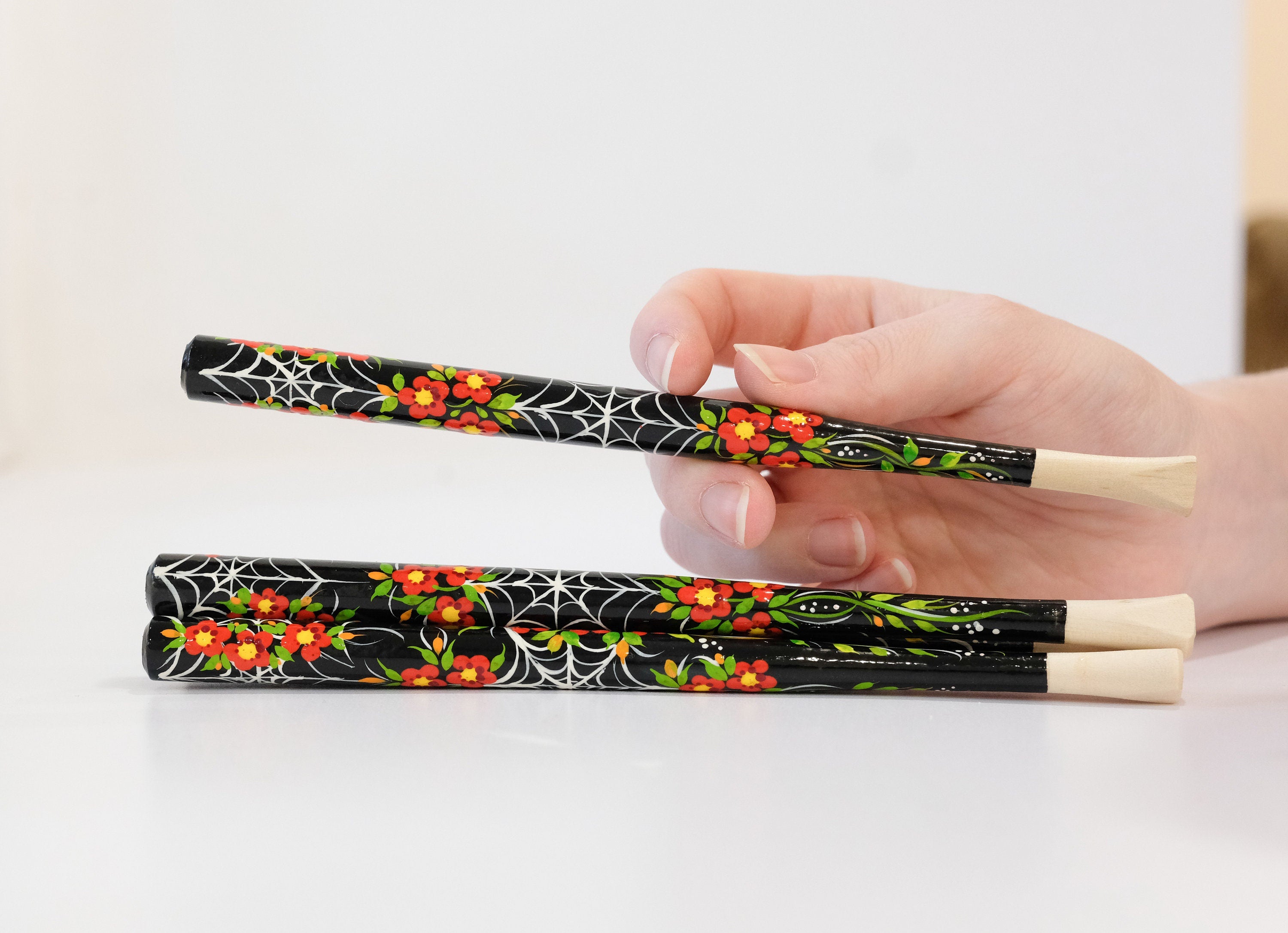 Wooden Regular Cigarette Holder - Hand-painted with Ukrainian Folk Art Petrykivka - Spider Web & Red Flowers