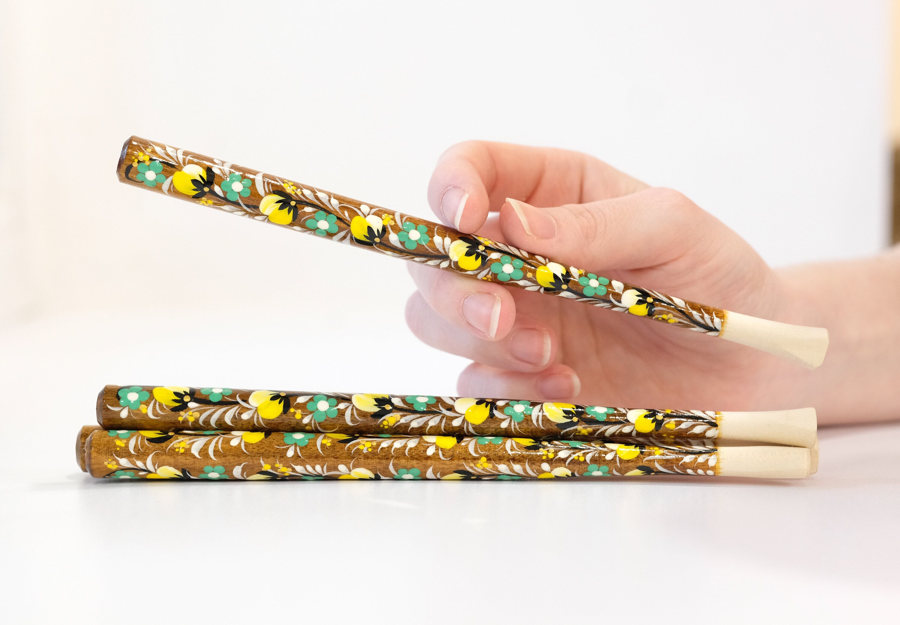 Long Wooden Regular Cigarette Holder - Hand-painted with Ukrainian Folk Art Petrykivka - Yellow Flowers