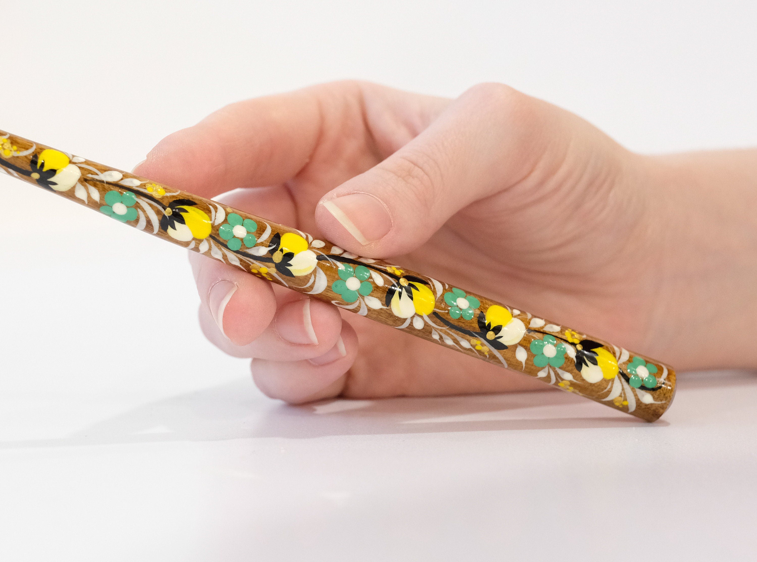 Long Wooden Regular Cigarette Holder - Hand-painted with Ukrainian Folk Art Petrykivka - Yellow Flowers