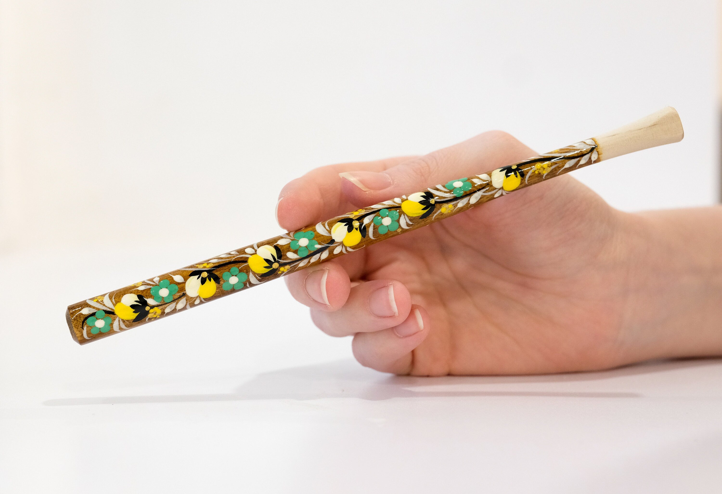 Long Wooden Regular Cigarette Holder - Hand-painted with Ukrainian Folk Art Petrykivka - Yellow Flowers