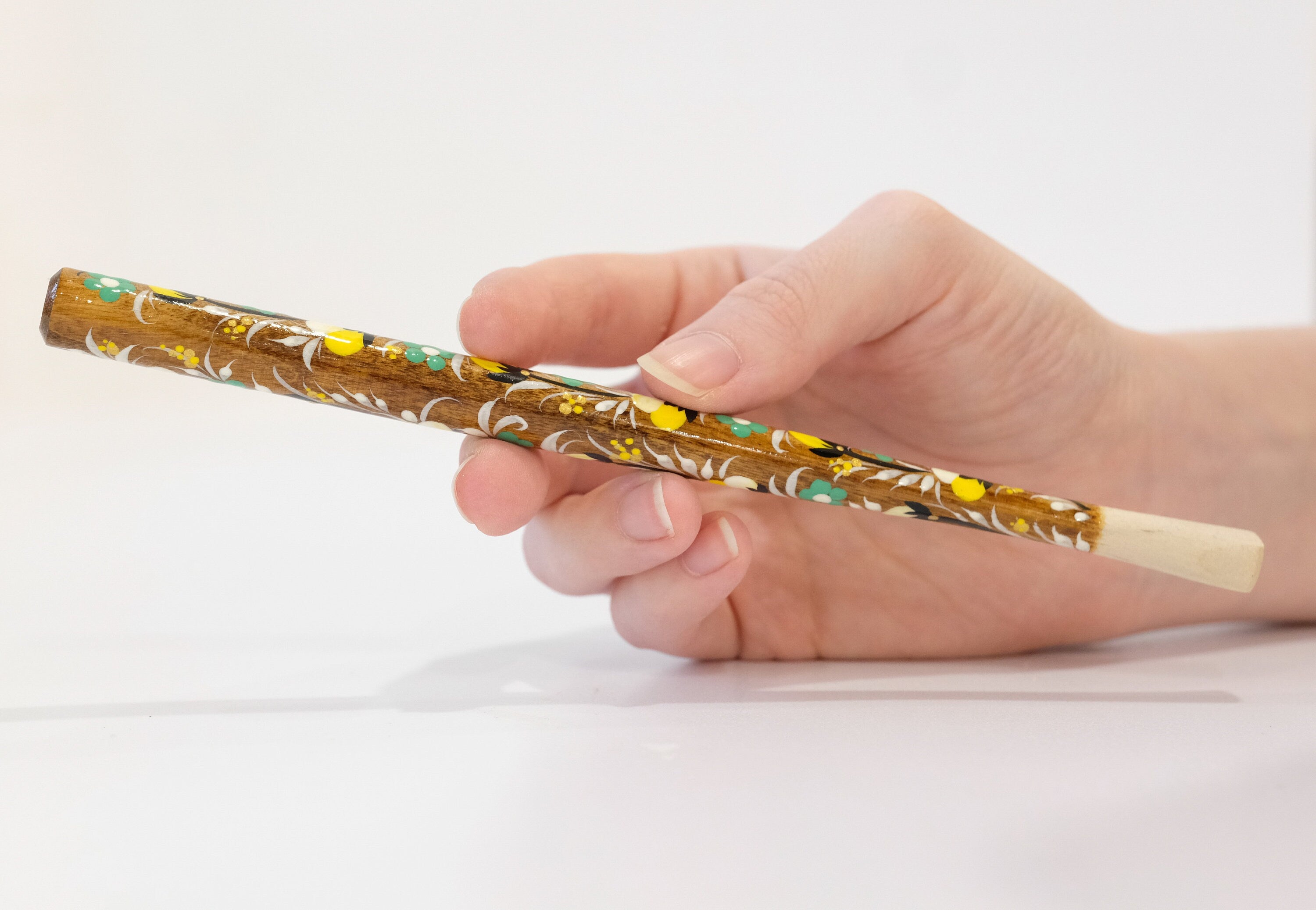 Long Wooden Regular Cigarette Holder - Hand-painted with Ukrainian Folk Art Petrykivka - Yellow Flowers