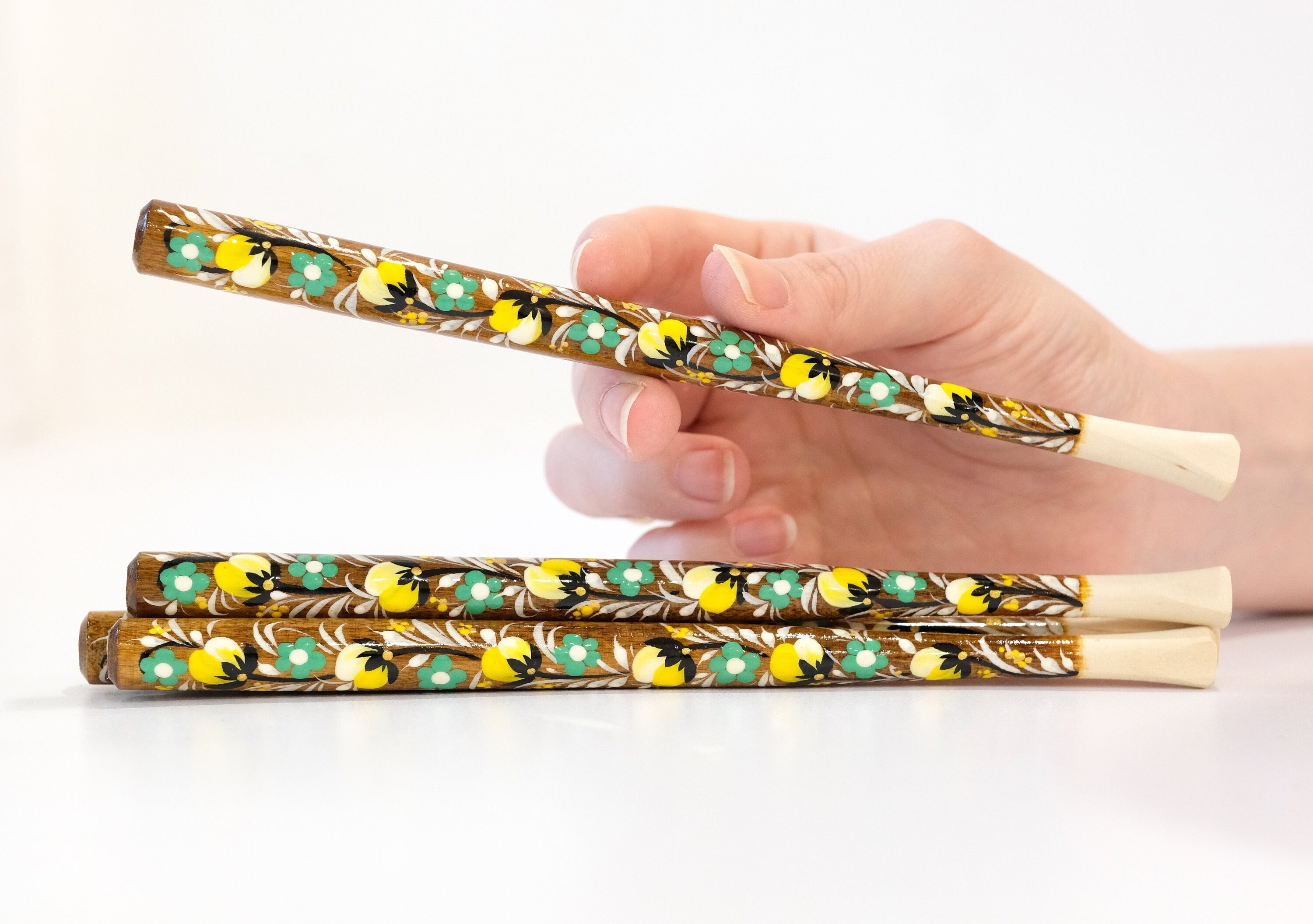 Long Wooden Regular Cigarette Holder - Hand-painted with Ukrainian Folk Art Petrykivka - Yellow Flowers
