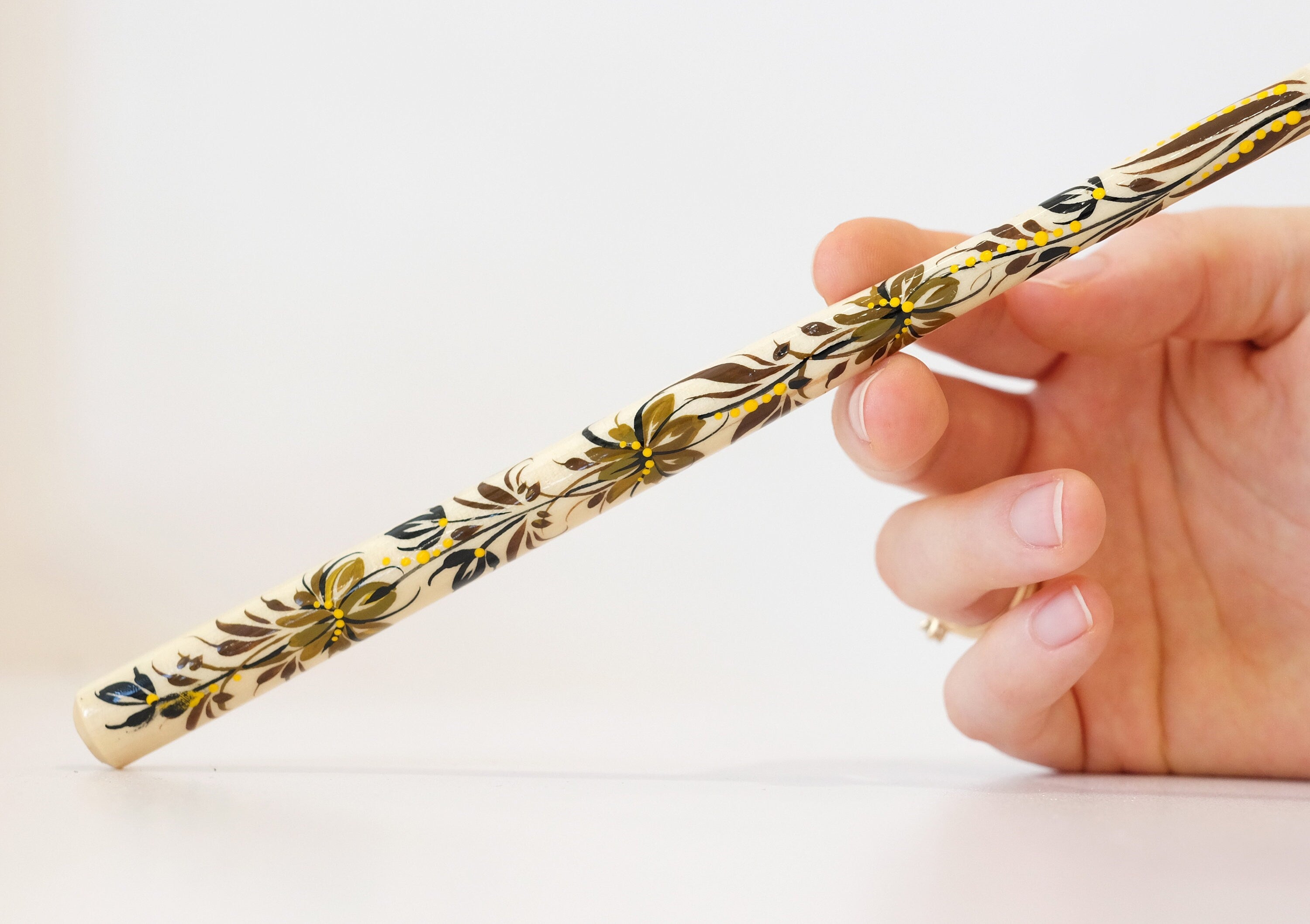 Extra long Wooden Regular Cigarette Holder - Hand-painted with Ukrainian Folk Art Petrykivka - Brown Flowers