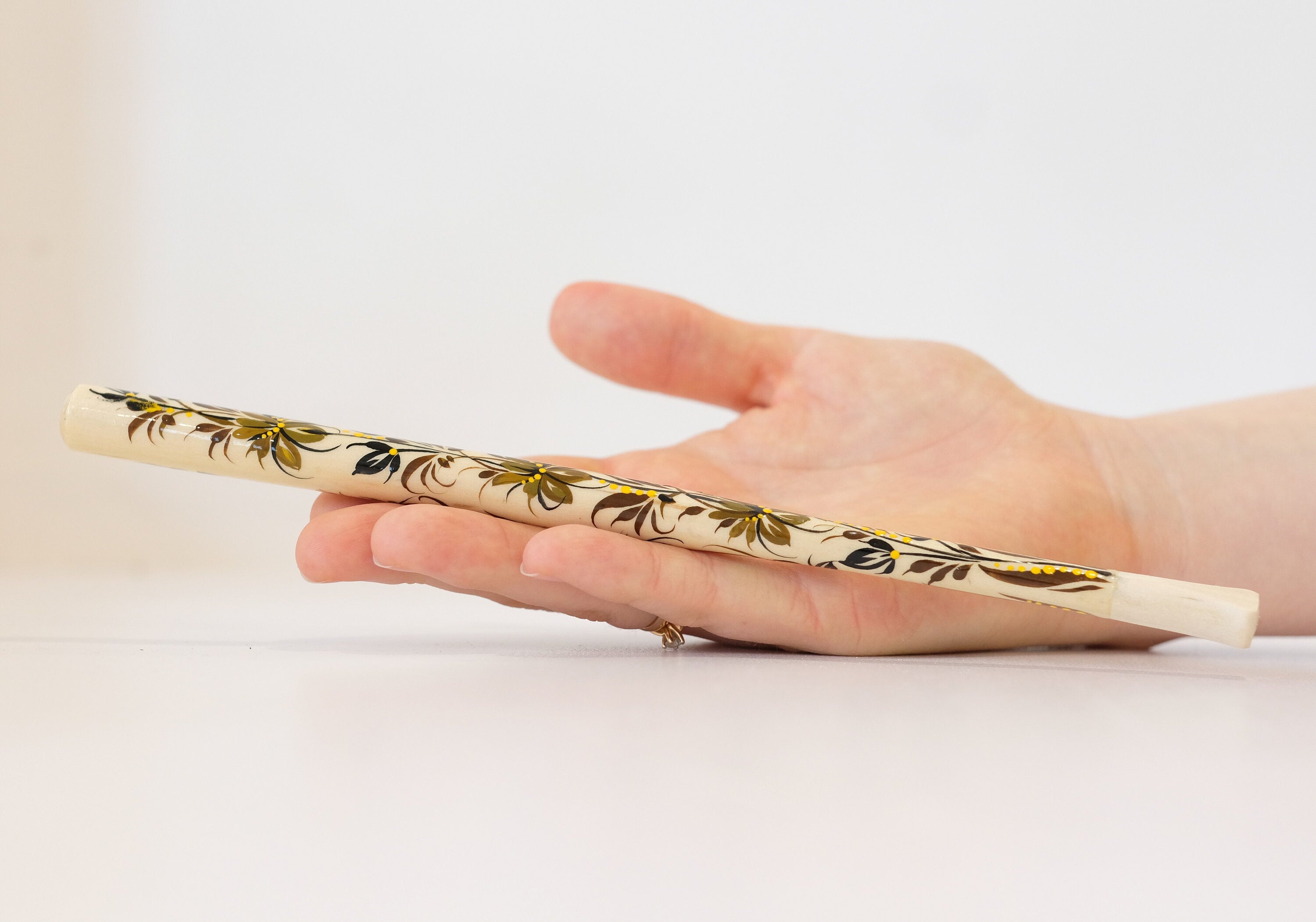 Extra long Wooden Regular Cigarette Holder - Hand-painted with Ukrainian Folk Art Petrykivka - Brown Flowers
