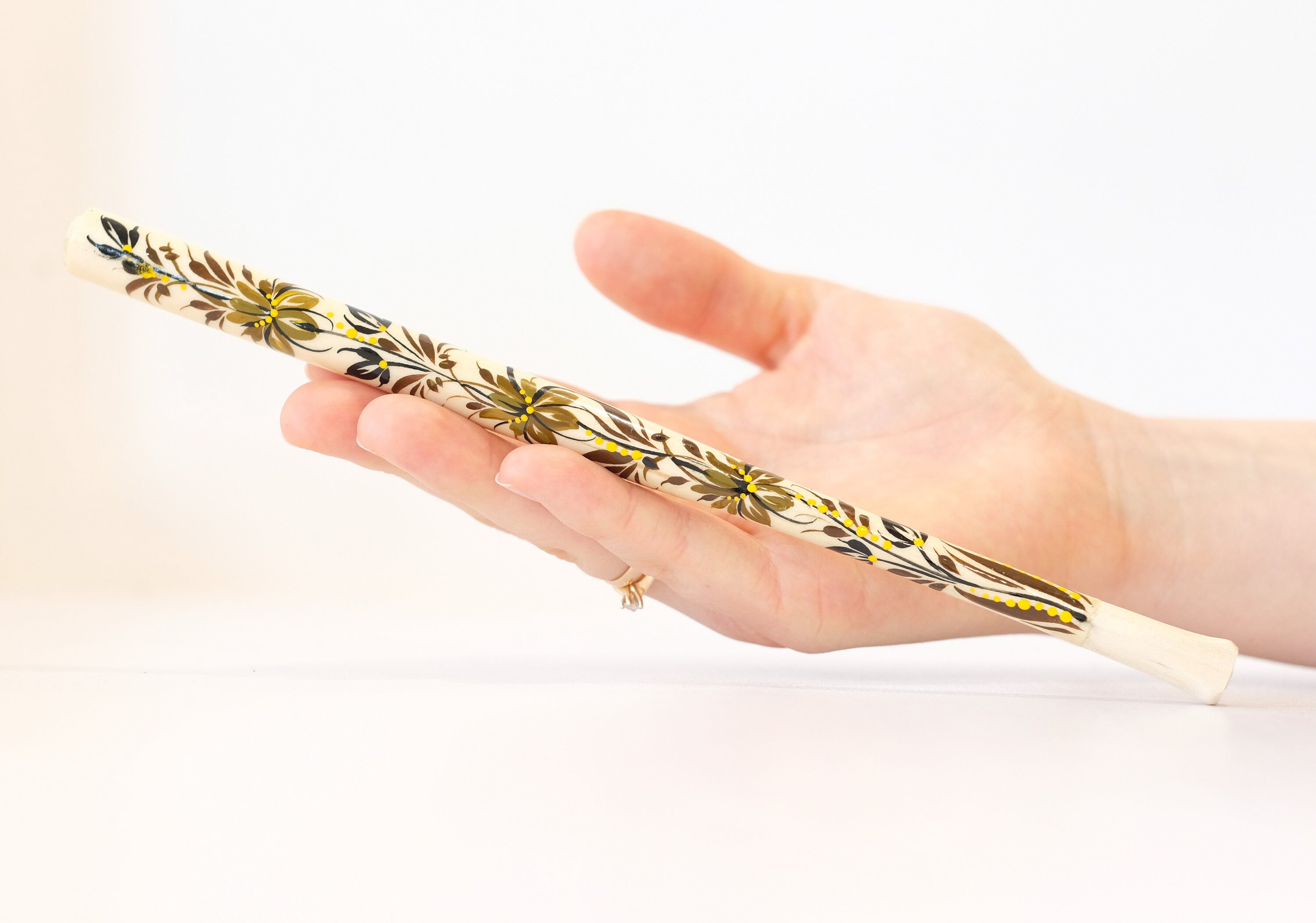 Extra long Wooden Regular Cigarette Holder - Hand-painted with Ukrainian Folk Art Petrykivka - Brown Flowers