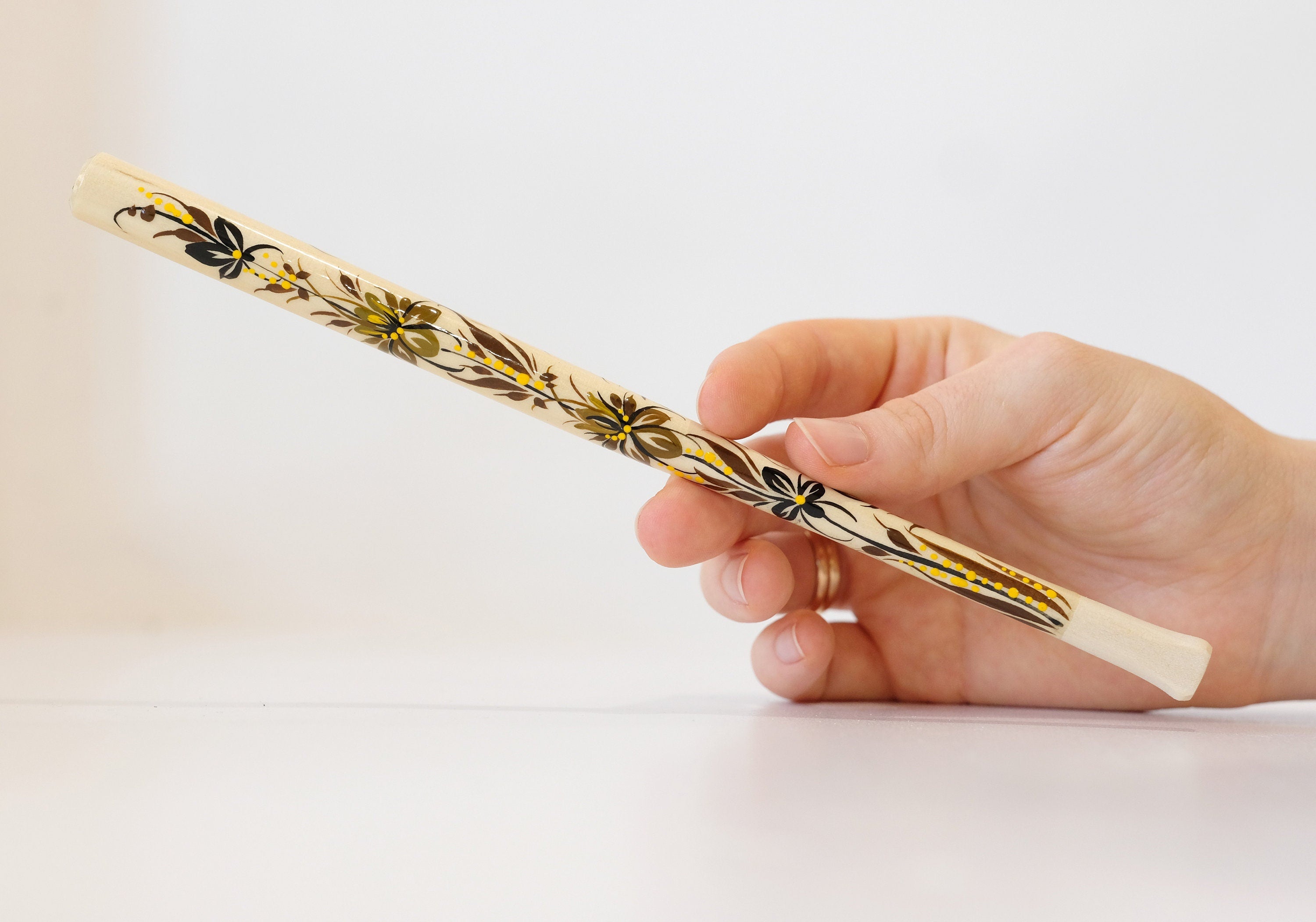 Extra long Wooden Regular Cigarette Holder - Hand-painted with Ukrainian Folk Art Petrykivka - Brown Flowers