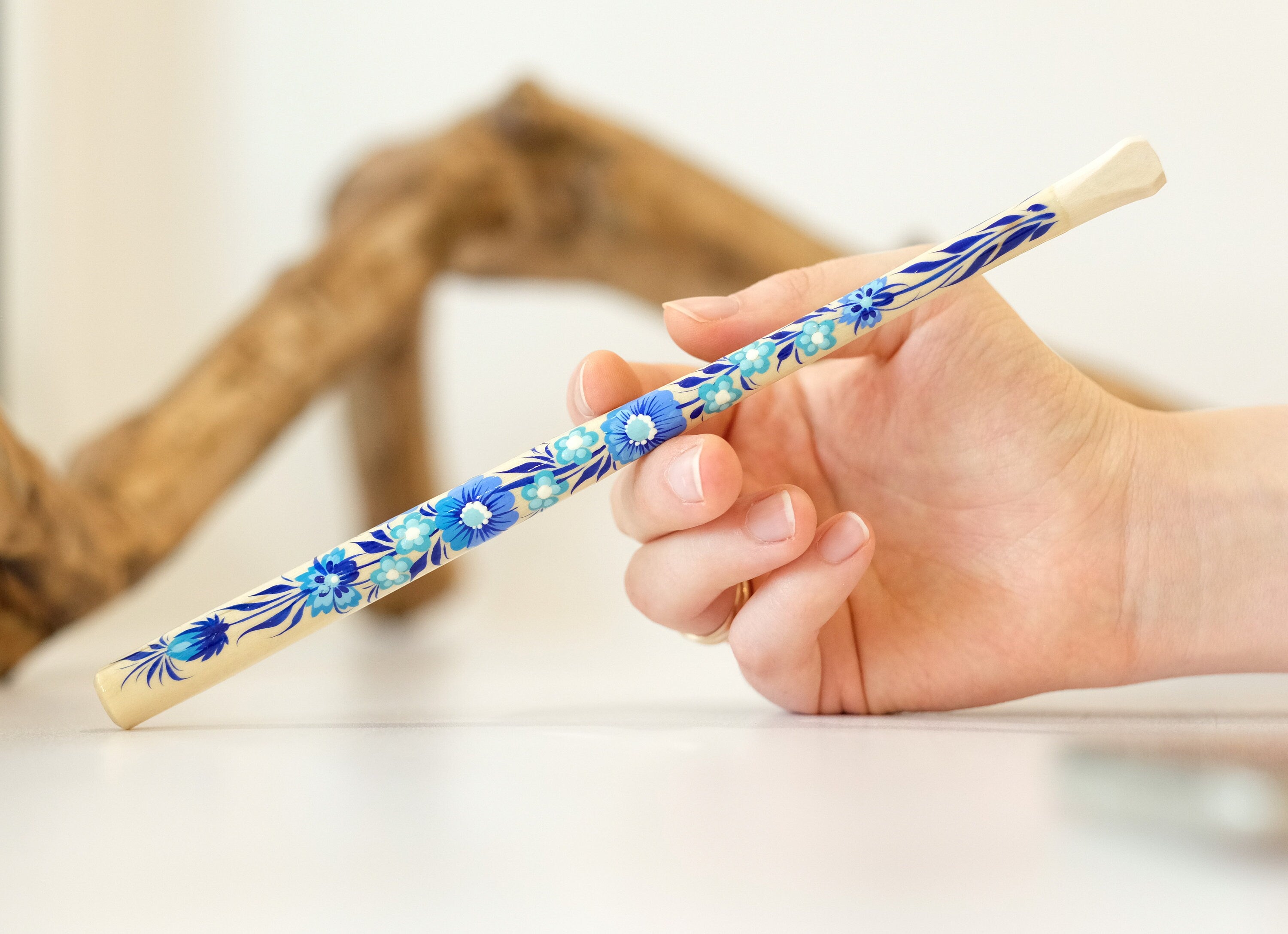 Extra long Wooden Regular Cigarette Holder - Hand-painted with Ukrainian Folk Art Petrykivka - Blue Flowers