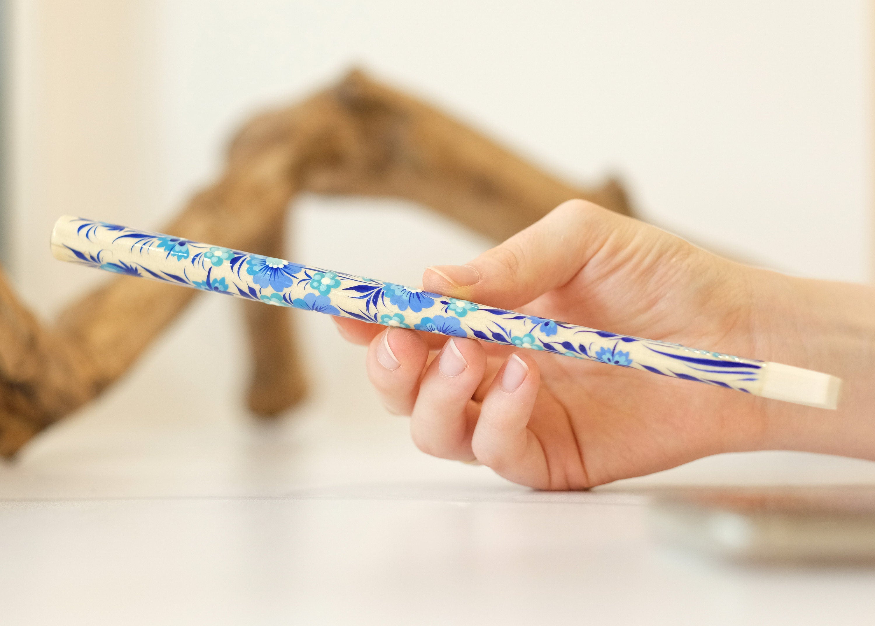 Extra long Wooden Regular Cigarette Holder - Hand-painted with Ukrainian Folk Art Petrykivka - Blue Flowers