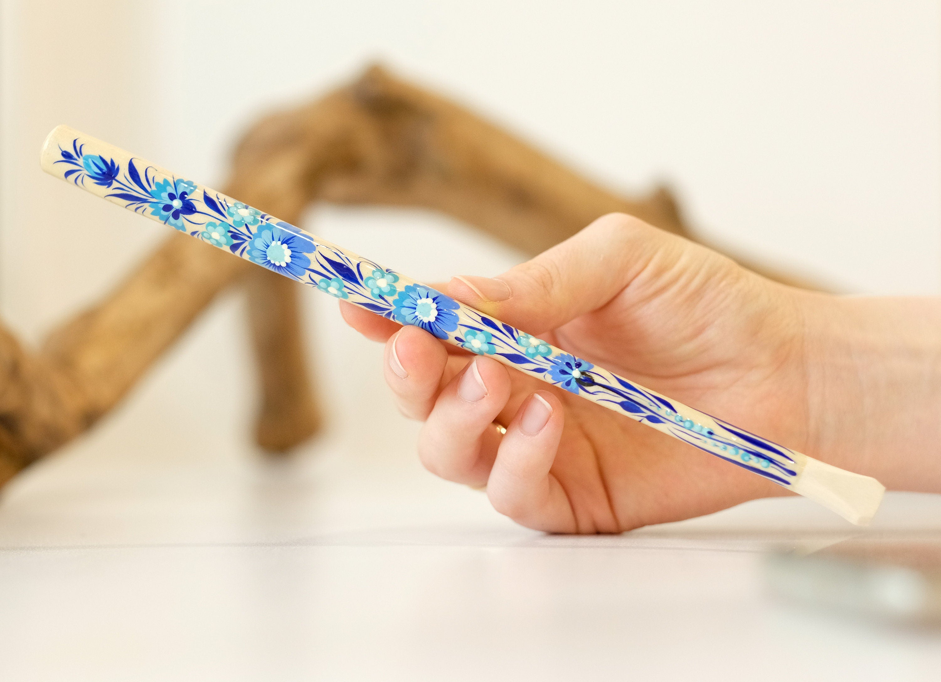 Extra long Wooden Regular Cigarette Holder - Hand-painted with Ukrainian Folk Art Petrykivka - Blue Flowers