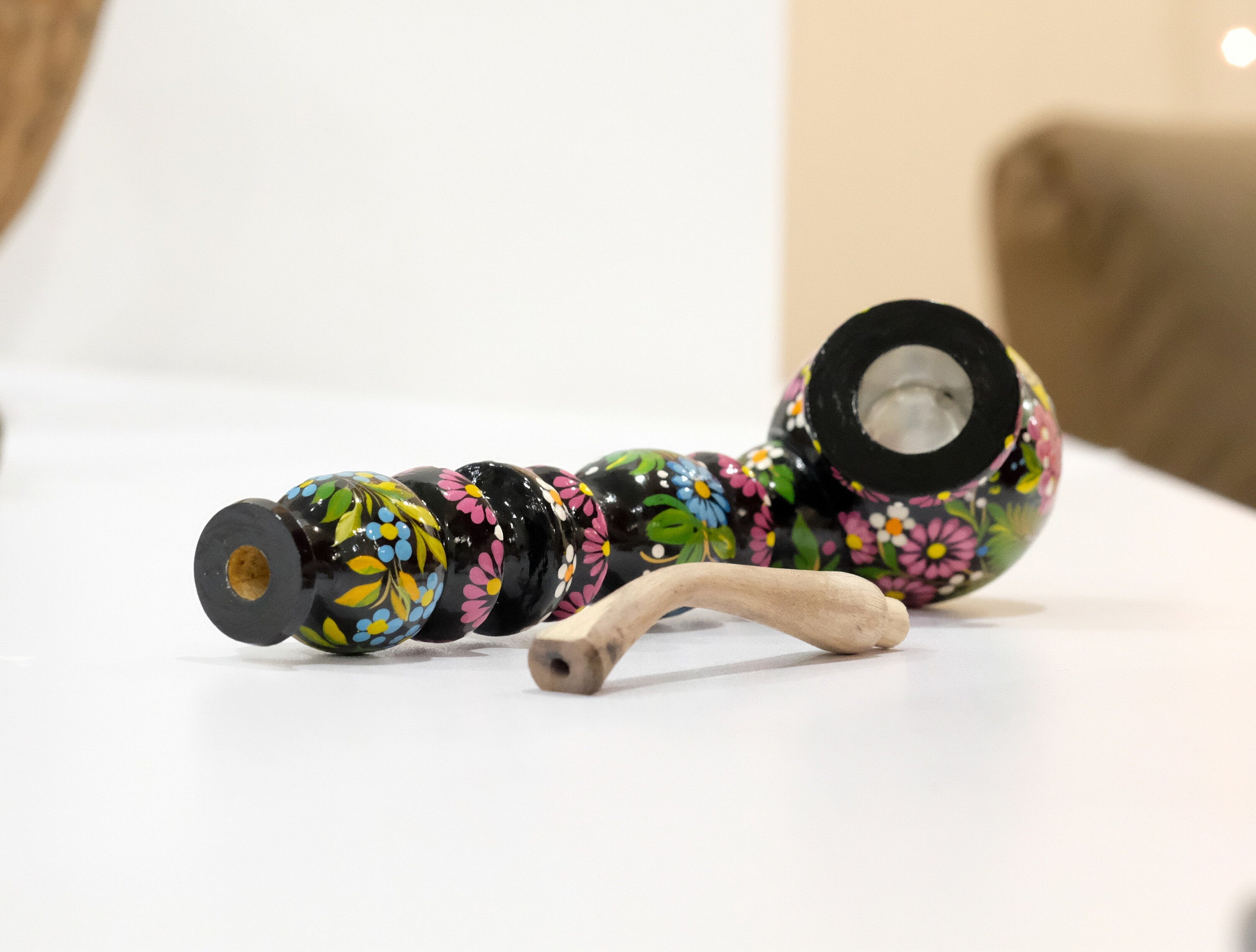 Painted Wooden Cartoon Smoking Pipe - Tobacco Pipe with Ukrainian Folk Art Petrykivka