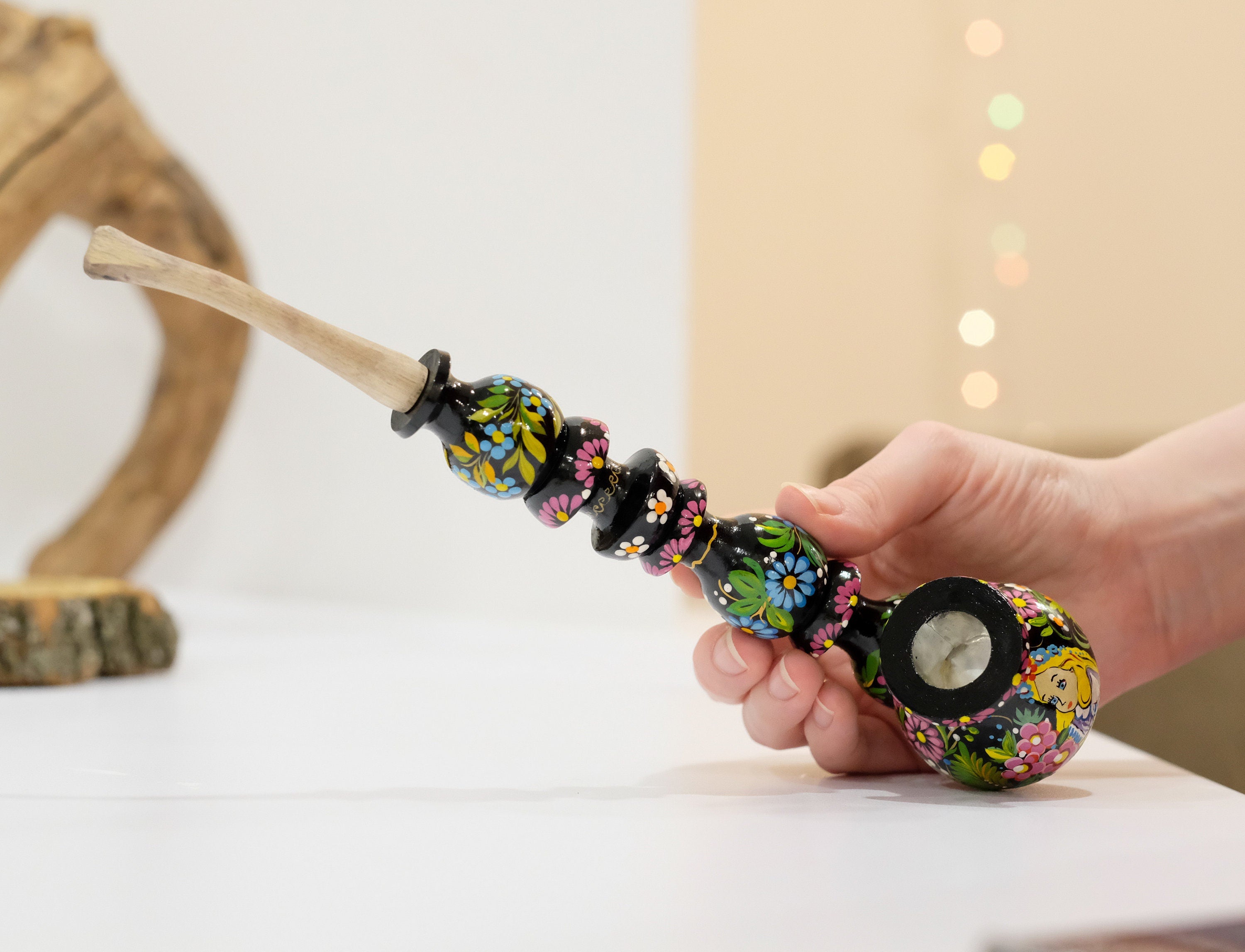 Painted Wooden Cartoon Smoking Pipe - Tobacco Pipe with Ukrainian Folk Art Petrykivka