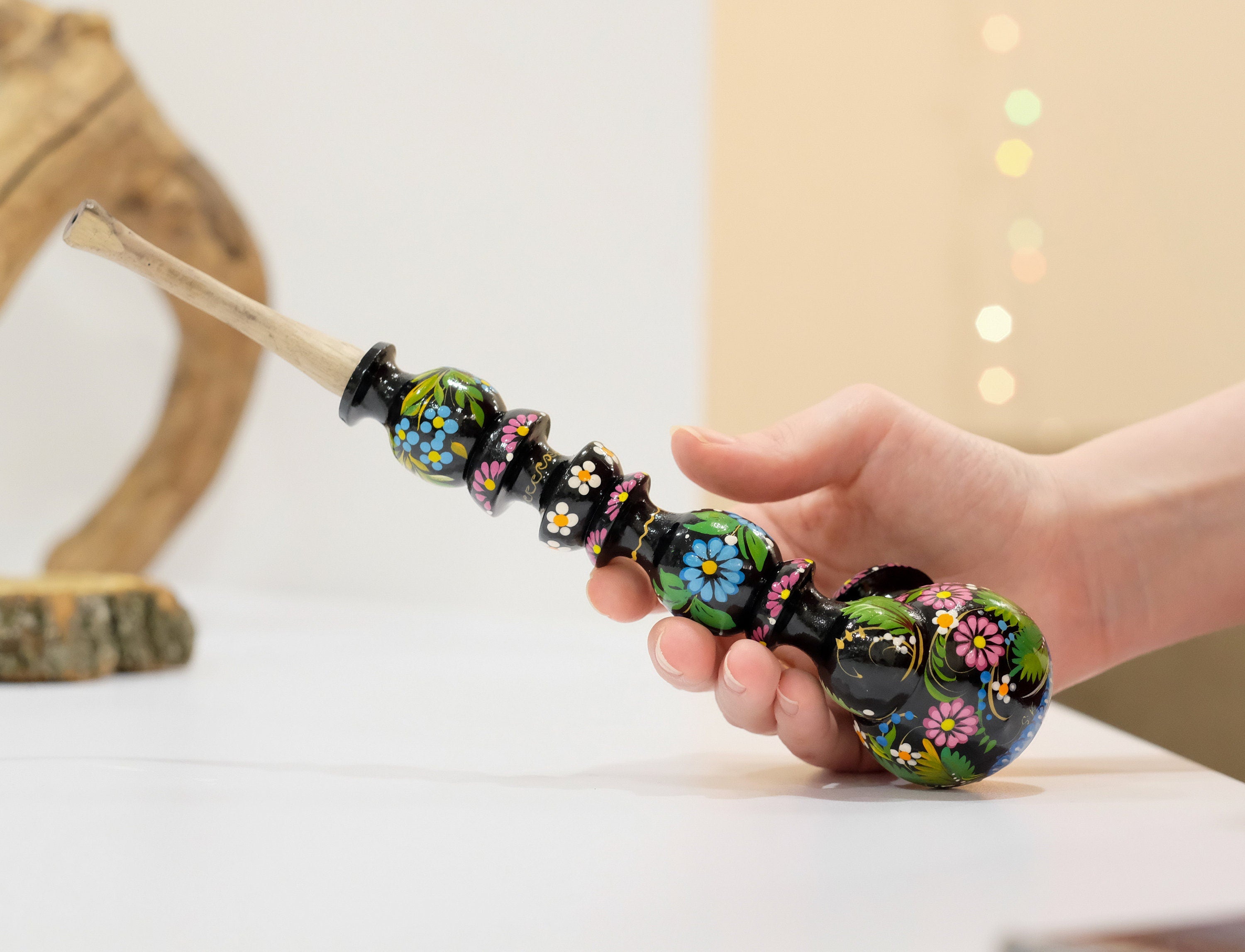Painted Wooden Cartoon Smoking Pipe - Tobacco Pipe with Ukrainian Folk Art Petrykivka