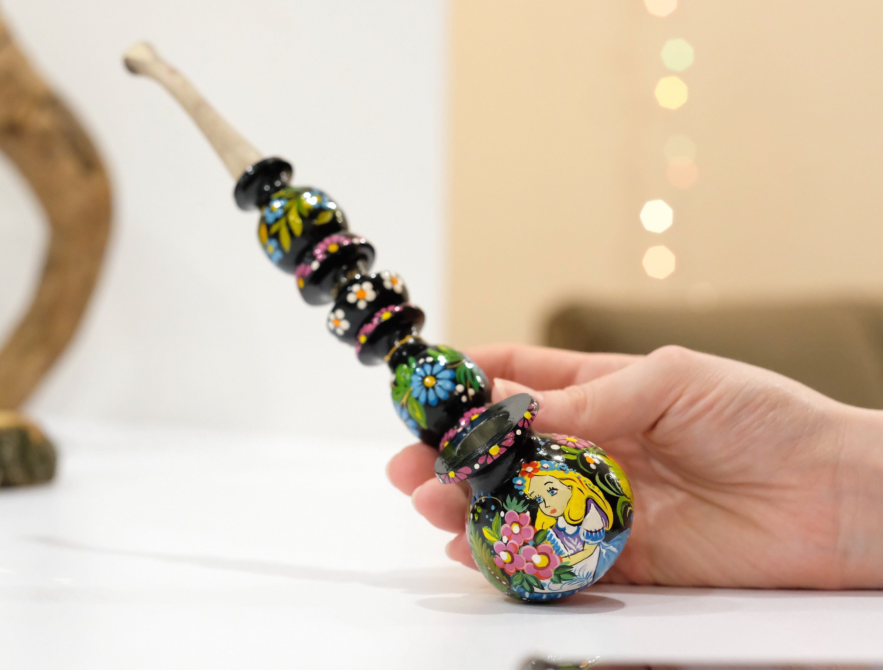 Painted Wooden Cartoon Smoking Pipe - Tobacco Pipe with Ukrainian Folk Art Petrykivka