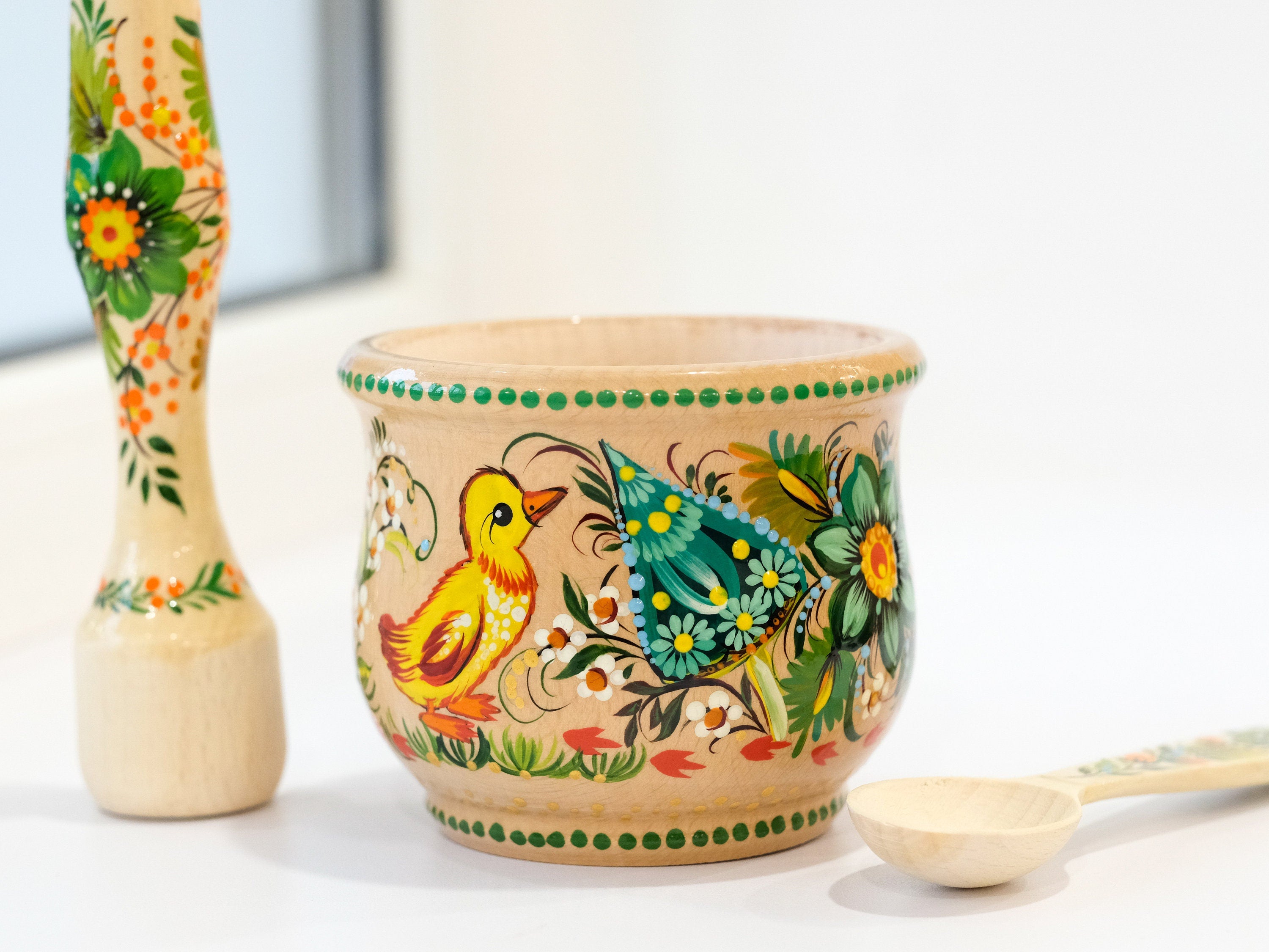 Wooden Painted Mortar and Pestle Set - Small Duck and Mushroom Spices Masher, Petrykivka Art Grinding Bowl