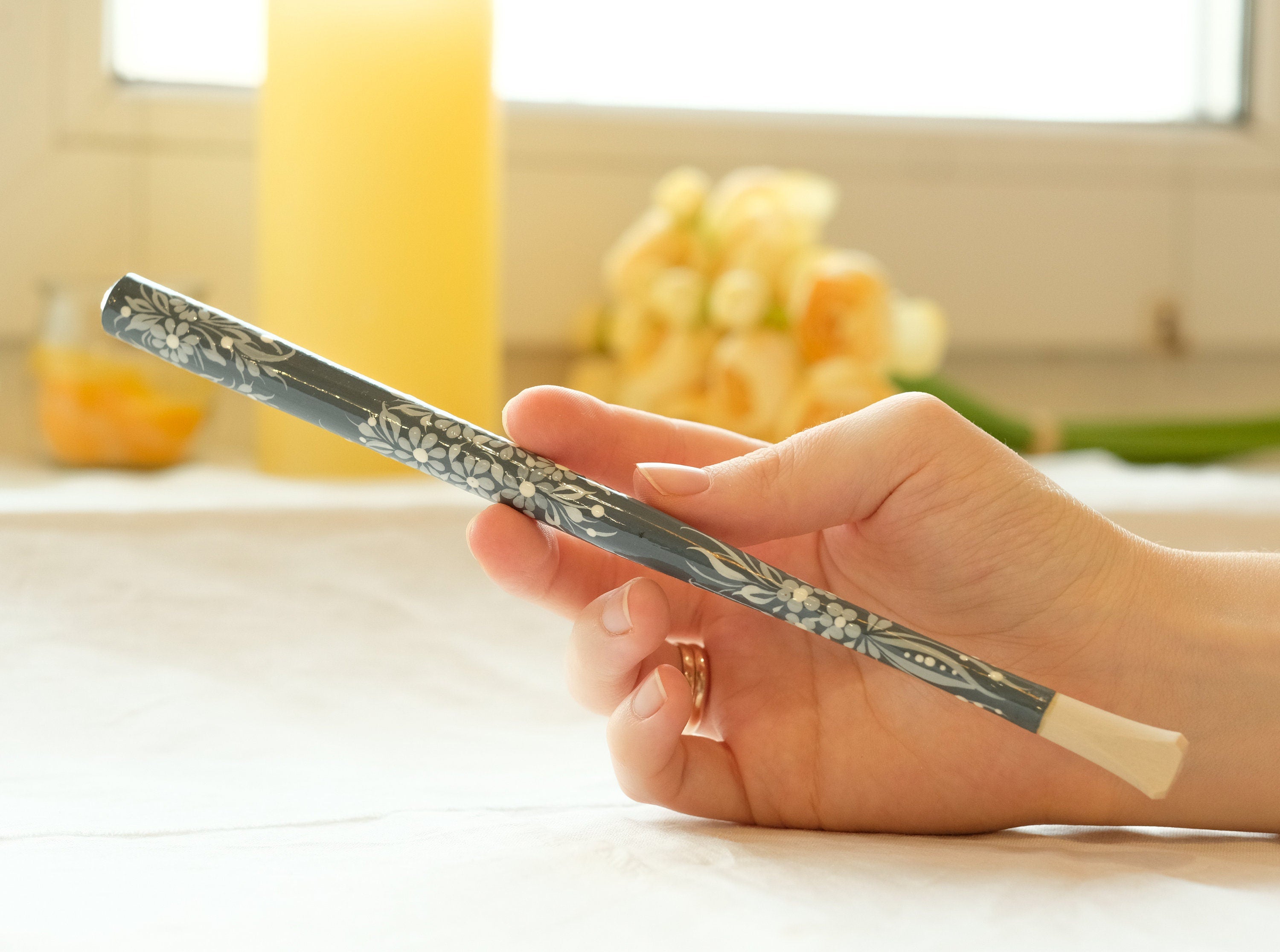 Extra long Wooden Regular Cigarette Holder - Hand-painted with Ukrainian Folk Art Petrykivka - Gray Flowers
