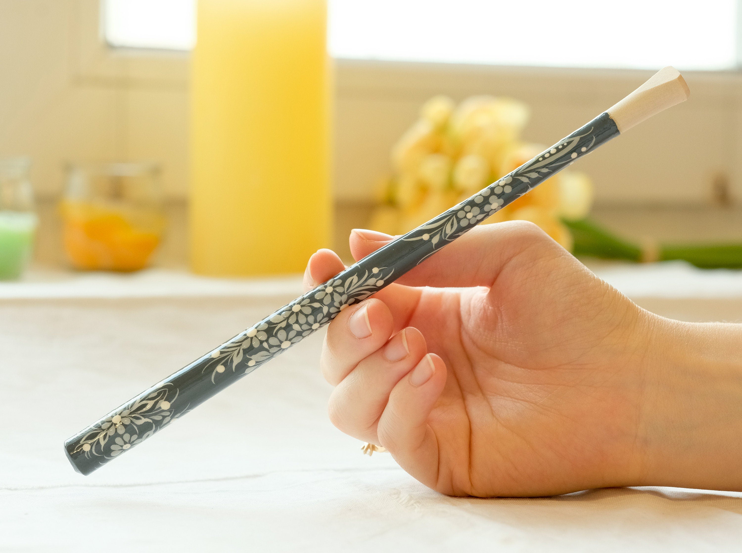 Extra long Wooden Regular Cigarette Holder - Hand-painted with Ukrainian Folk Art Petrykivka - Gray Flowers