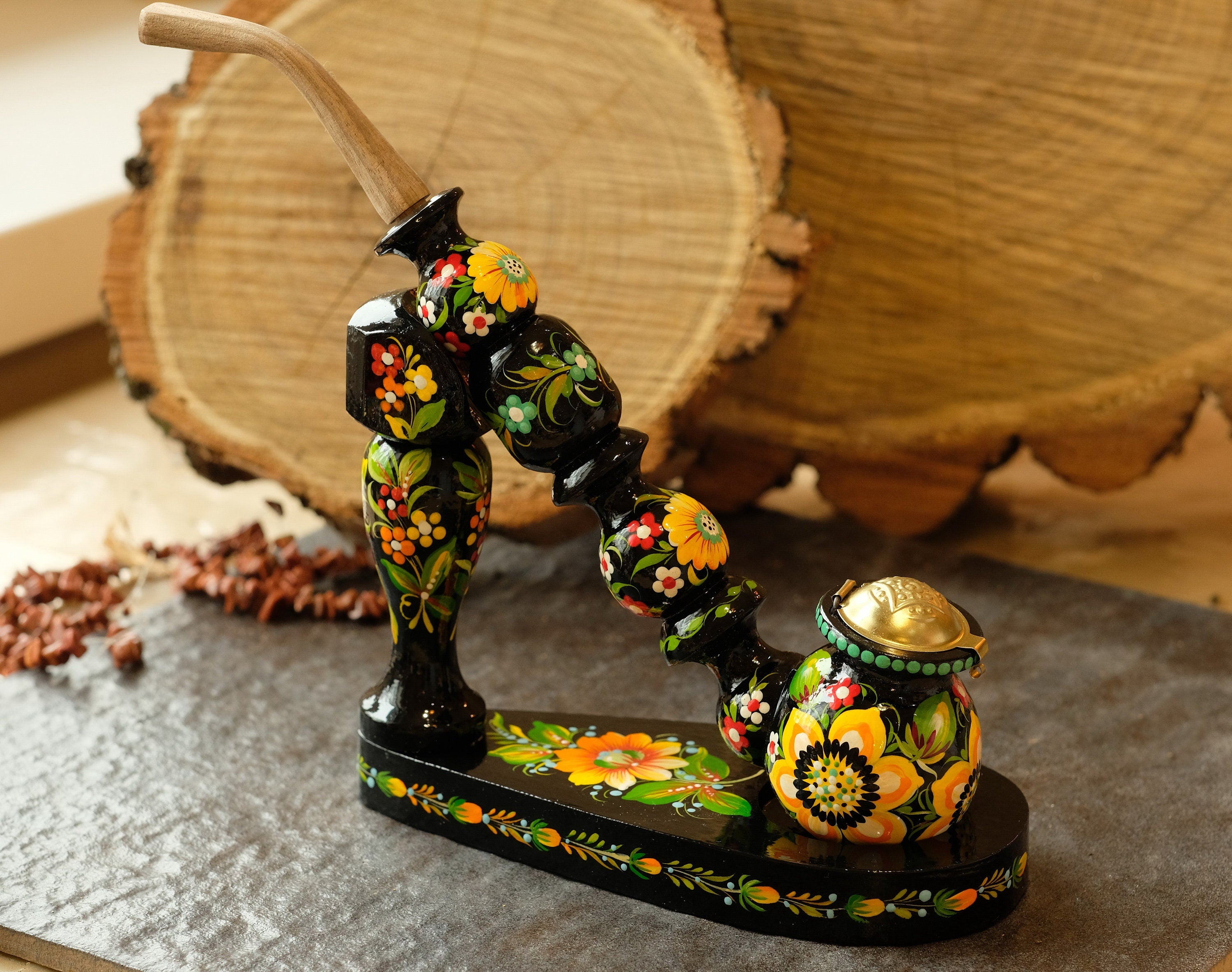 Smoking pipe stand - Painted Wooden Sunflower pipe holder with Ukrainian Petrykivka Folk Art