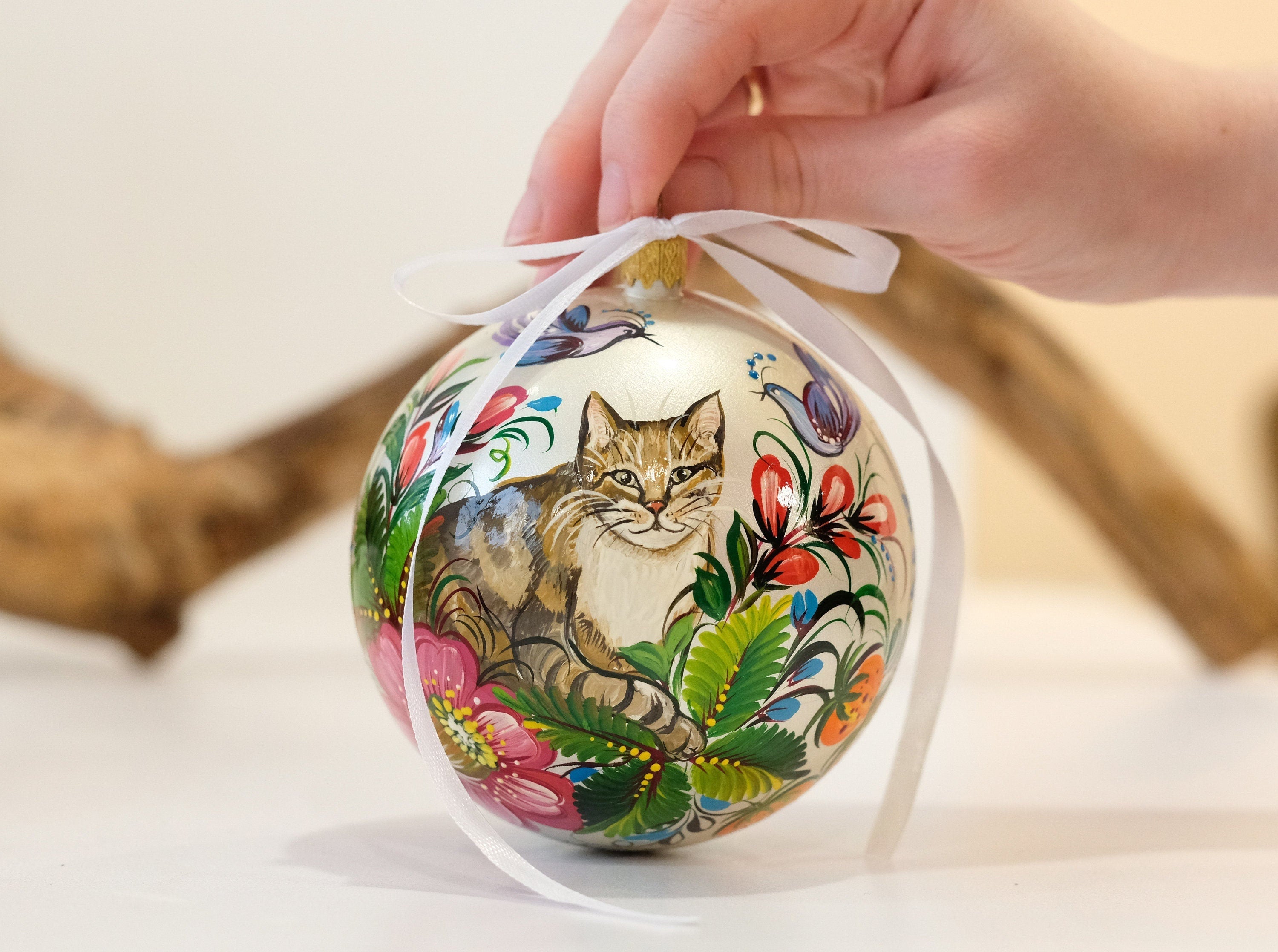 Custom Pet Portrait Painting on Wooden Plate - Personalized Pet Loss Memorial Gift, Animal Cat Portrait Decorated with Petrykivka Art