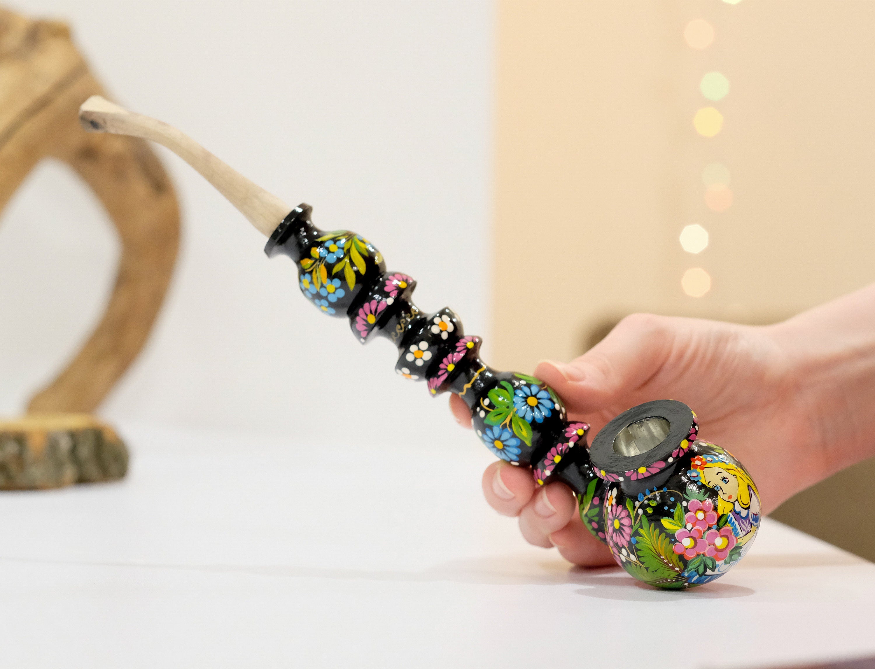 Painted Wooden Cartoon Smoking Pipe - Tobacco Pipe with Ukrainian Folk Art Petrykivka