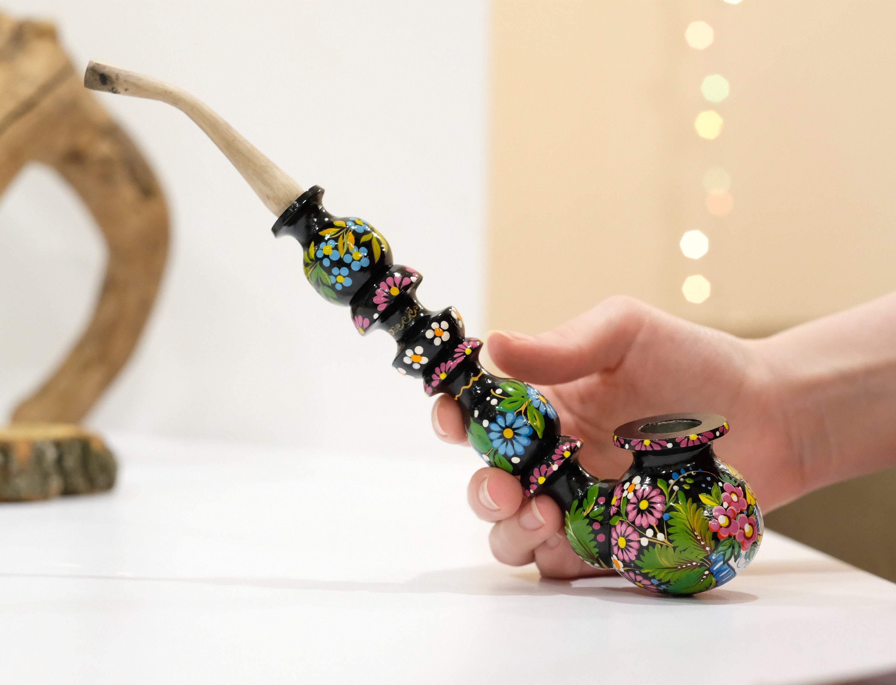 Painted Wooden Cartoon Smoking Pipe - Tobacco Pipe with Ukrainian Folk Art Petrykivka