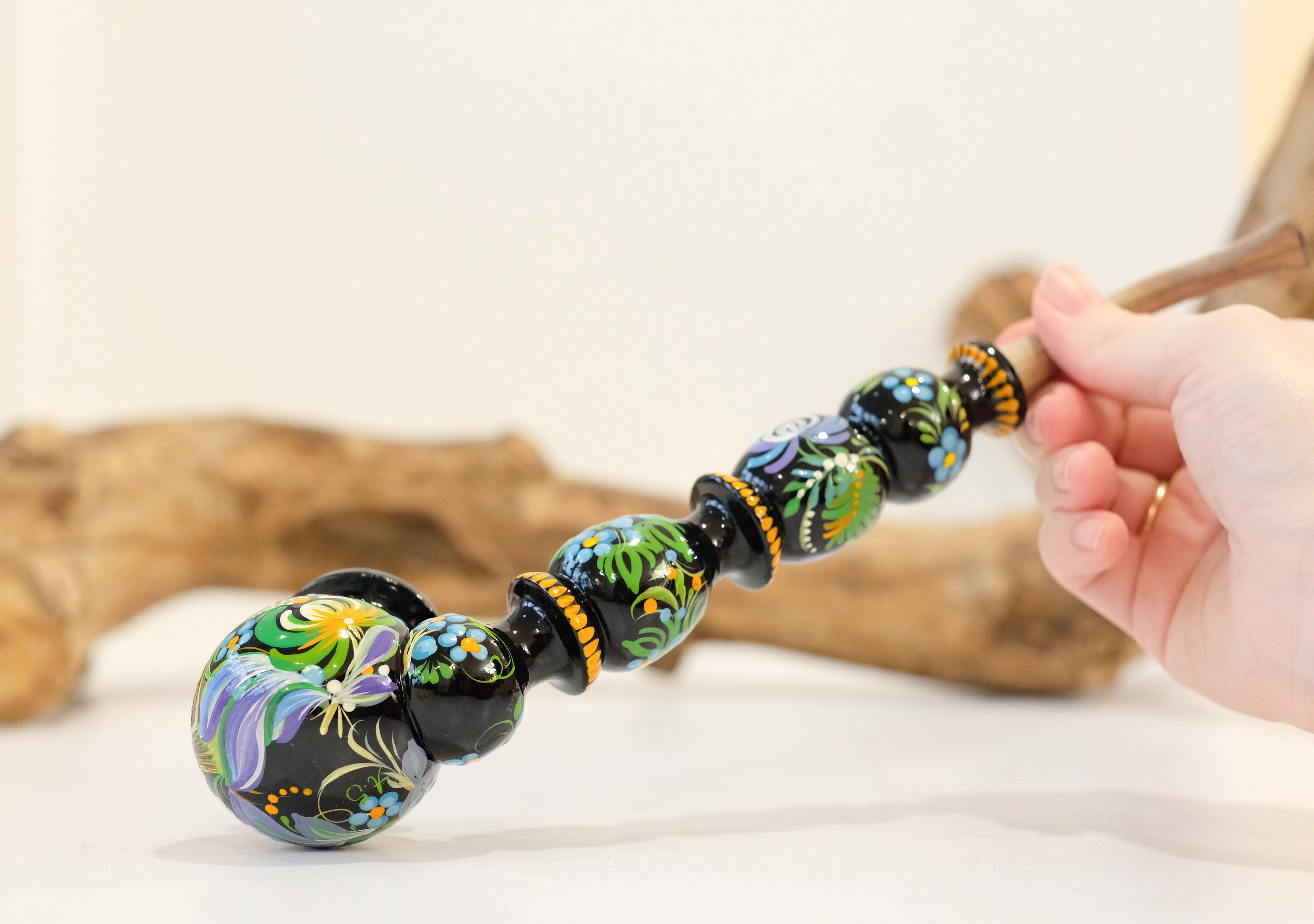 Painted Wooden Smoking Caterpillar Pipe with Lid - Ukrainian Folk Art Petrykivka Tobacco Pipe