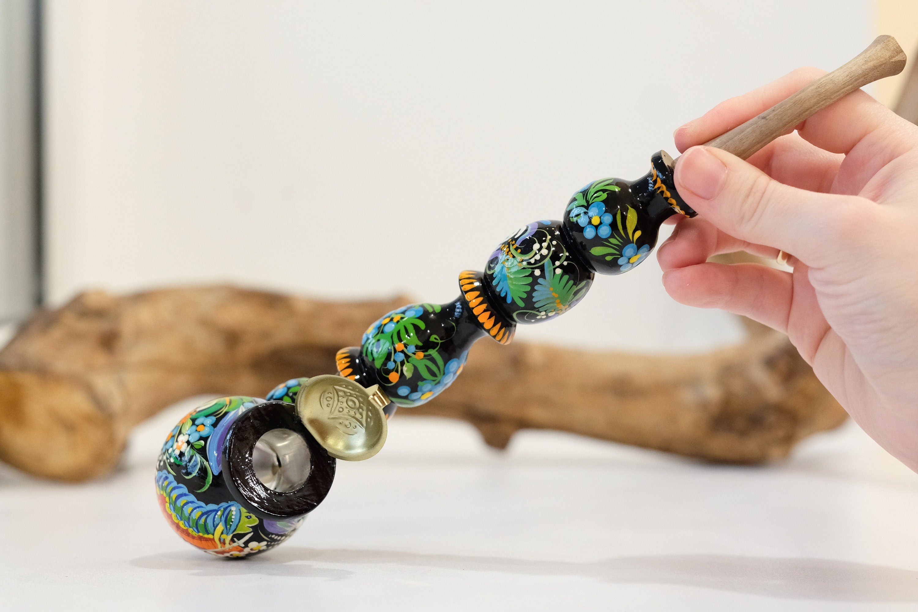 Painted Wooden Smoking Caterpillar Pipe with Lid - Ukrainian Folk Art Petrykivka Tobacco Pipe
