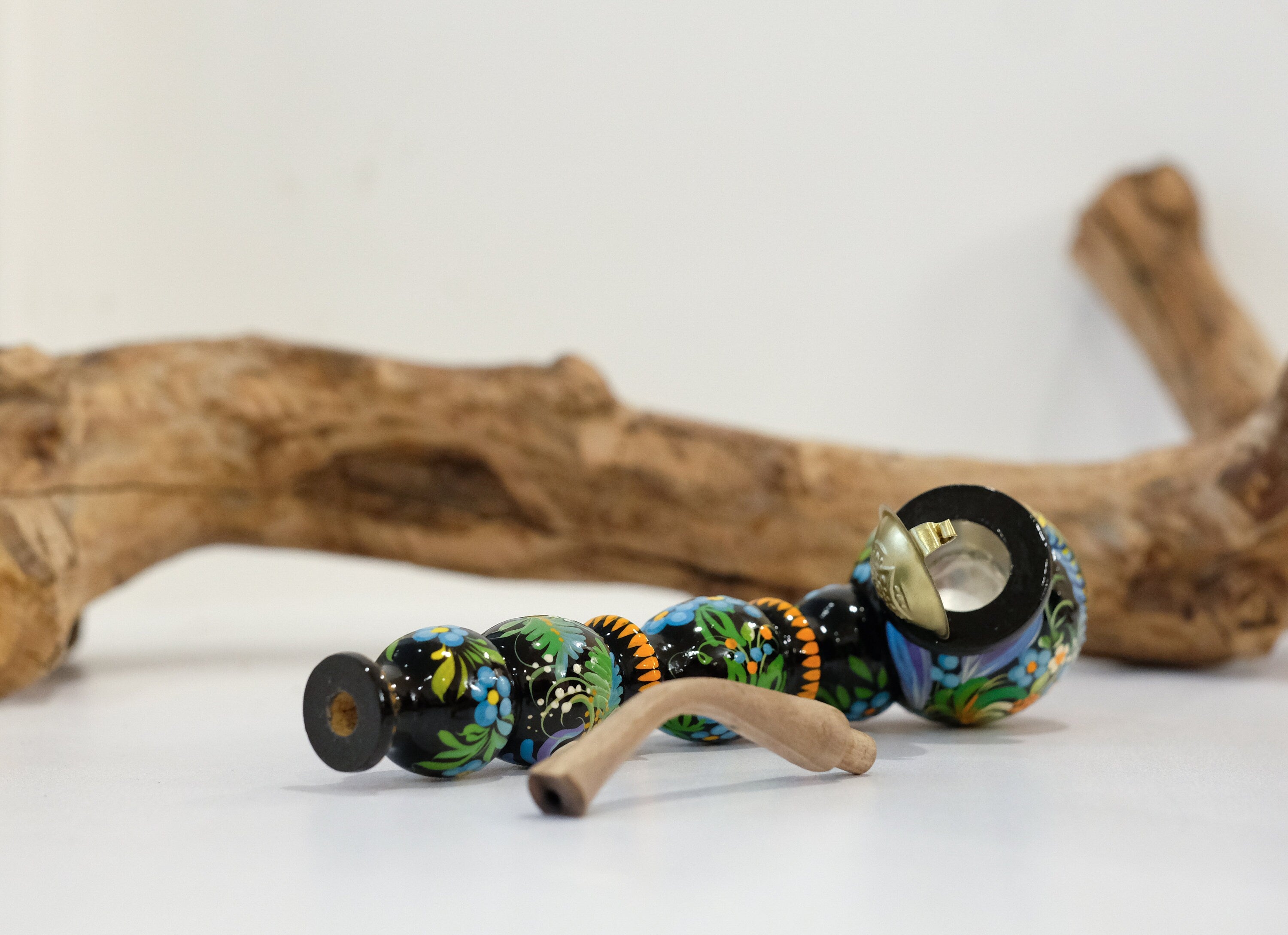 Painted Wooden Smoking Caterpillar Pipe with Lid - Ukrainian Folk Art Petrykivka Tobacco Pipe
