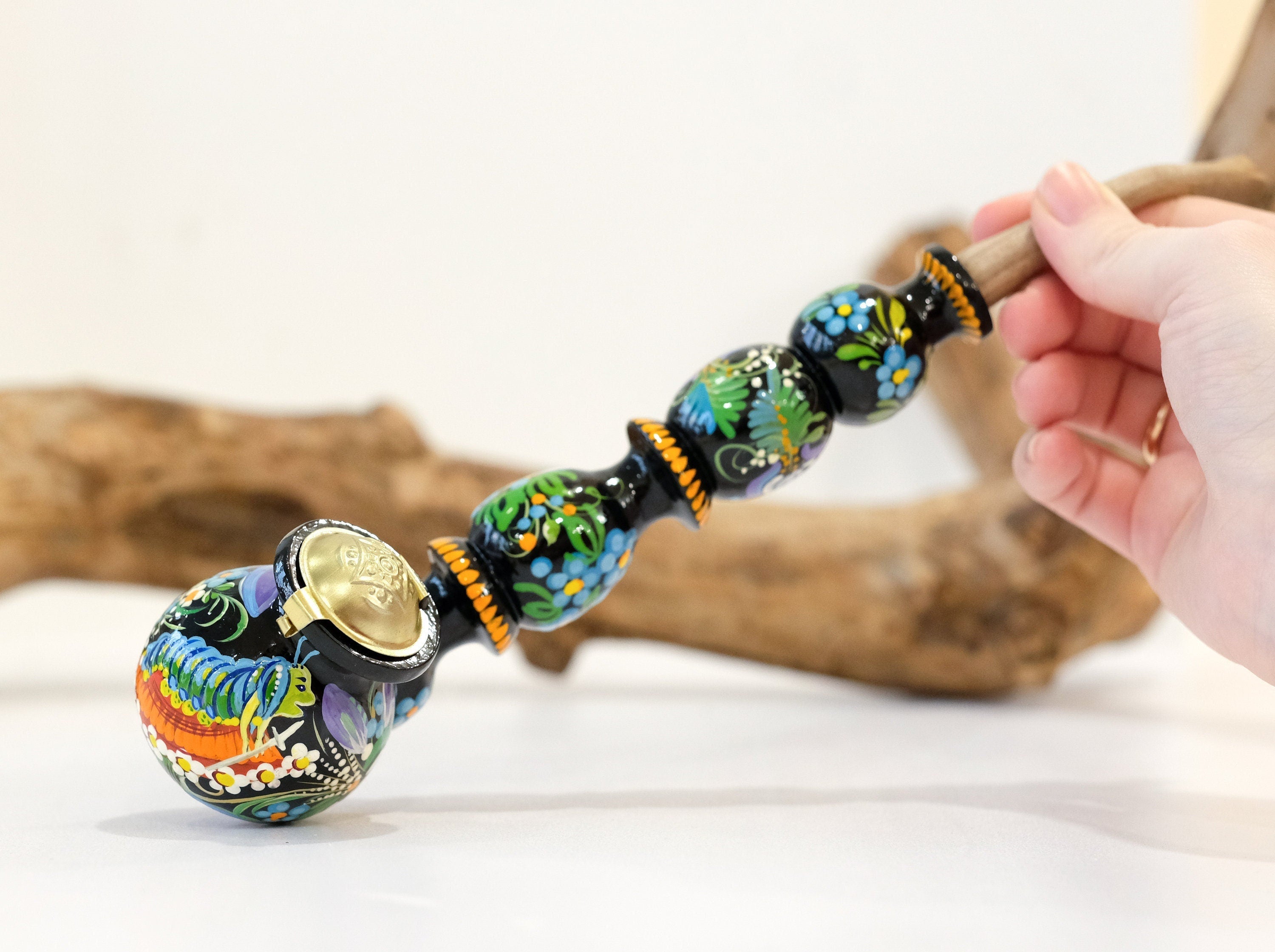 Painted Wooden Smoking Caterpillar Pipe with Lid - Ukrainian Folk Art Petrykivka Tobacco Pipe