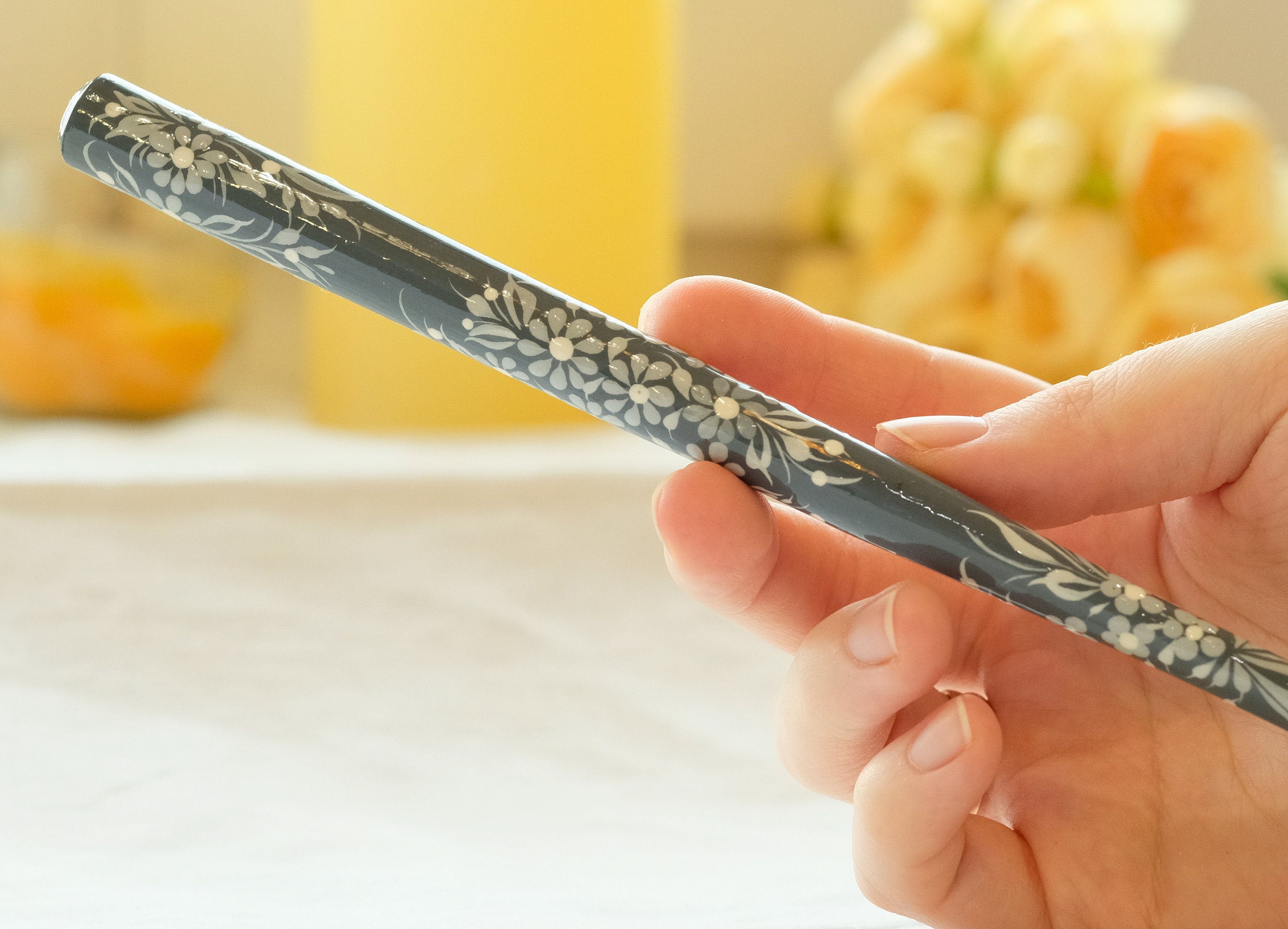 Extra long Wooden Regular Cigarette Holder - Hand-painted with Ukrainian Folk Art Petrykivka - Gray Flowers
