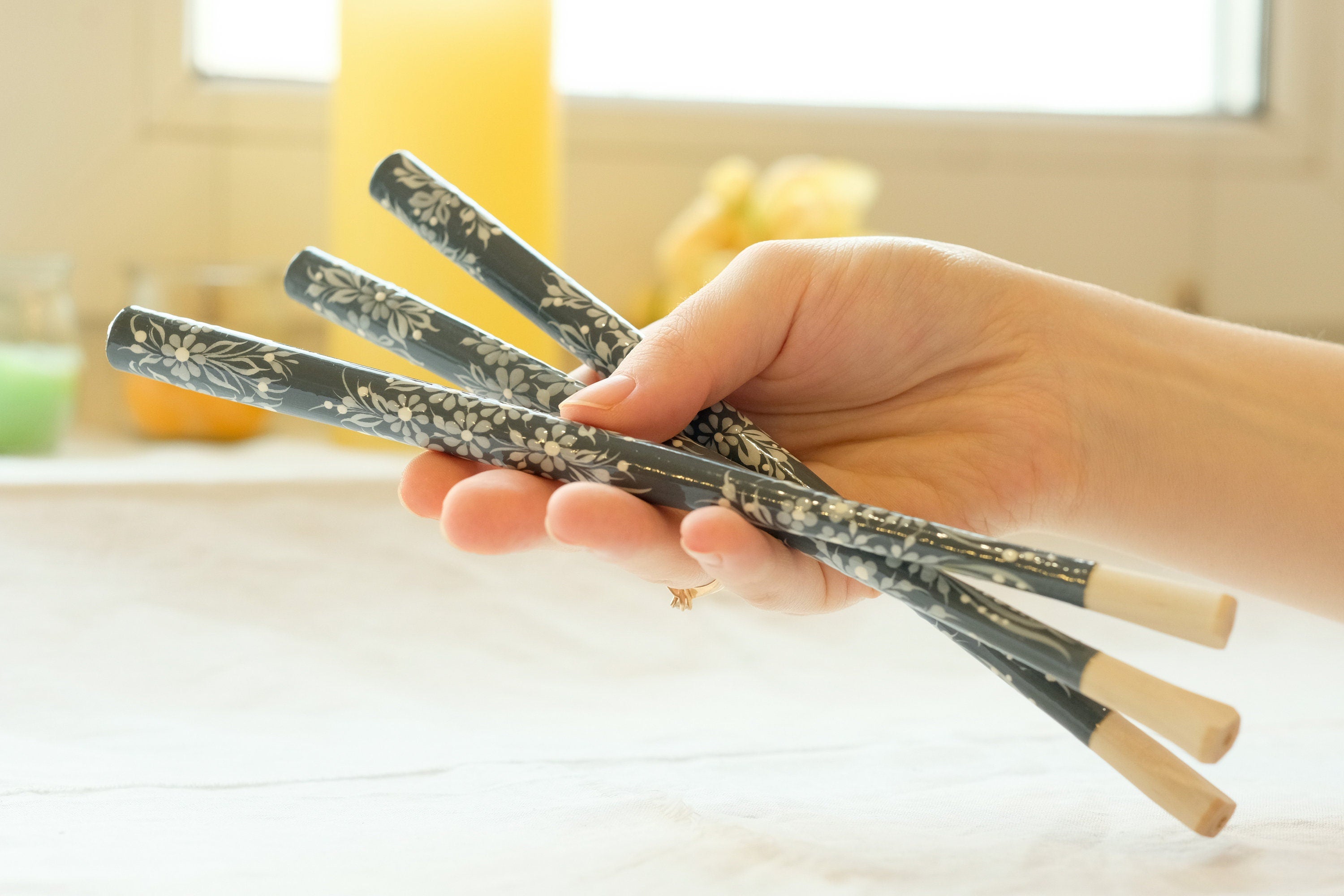 Extra long Wooden Regular Cigarette Holder - Hand-painted with Ukrainian Folk Art Petrykivka - Gray Flowers