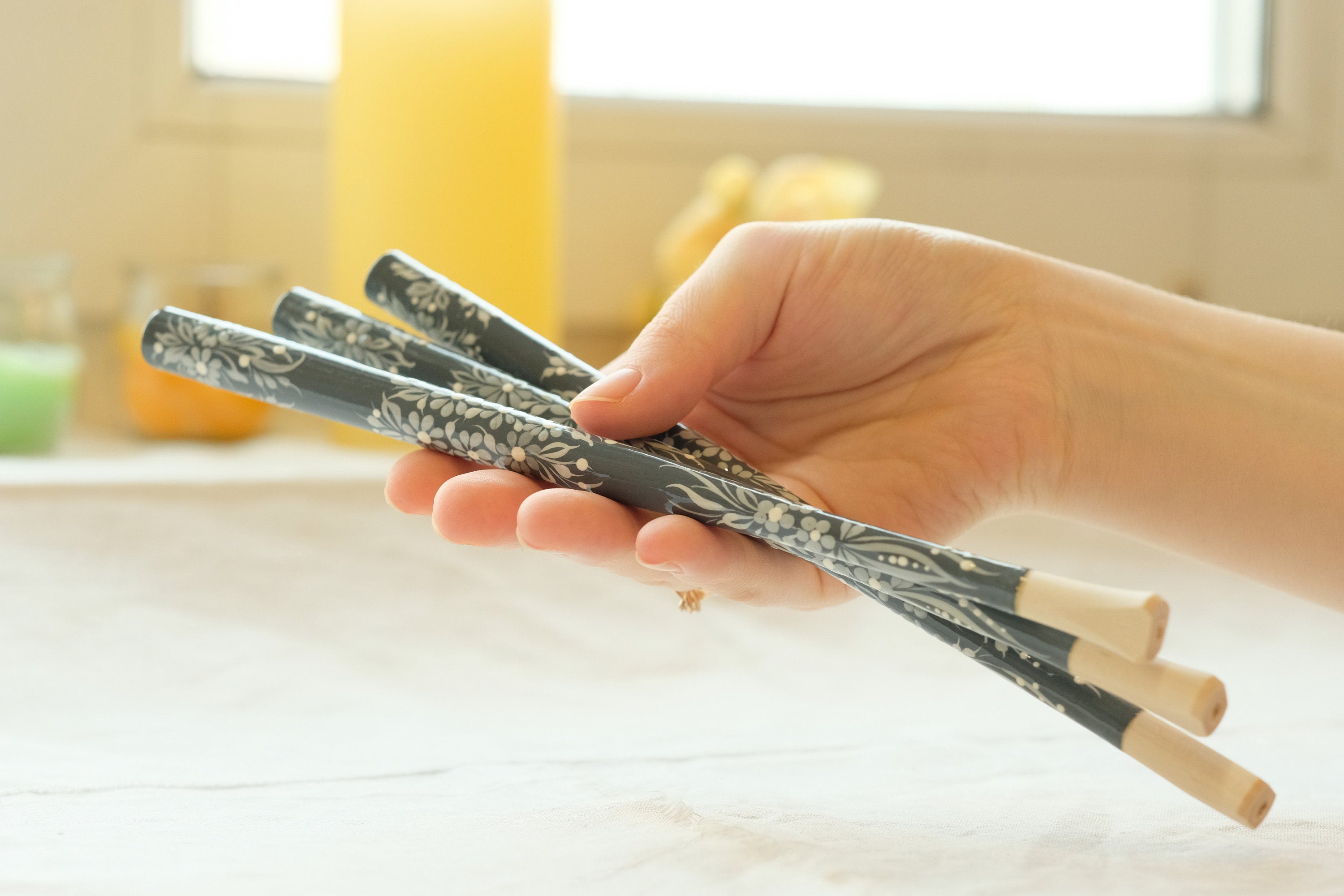 Extra long Wooden Regular Cigarette Holder - Hand-painted with Ukrainian Folk Art Petrykivka - Gray Flowers