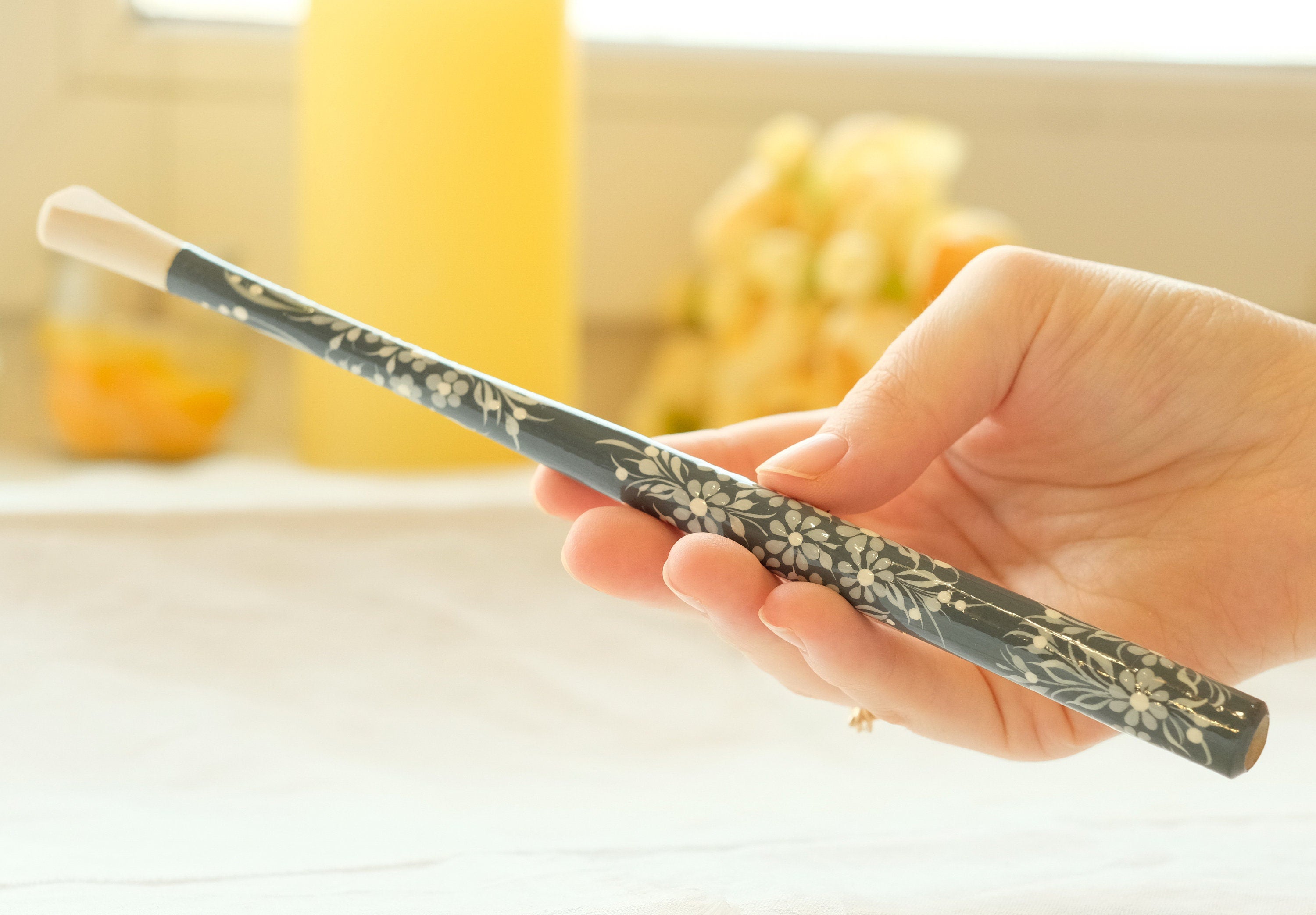 Extra long Wooden Regular Cigarette Holder - Hand-painted with Ukrainian Folk Art Petrykivka - Gray Flowers