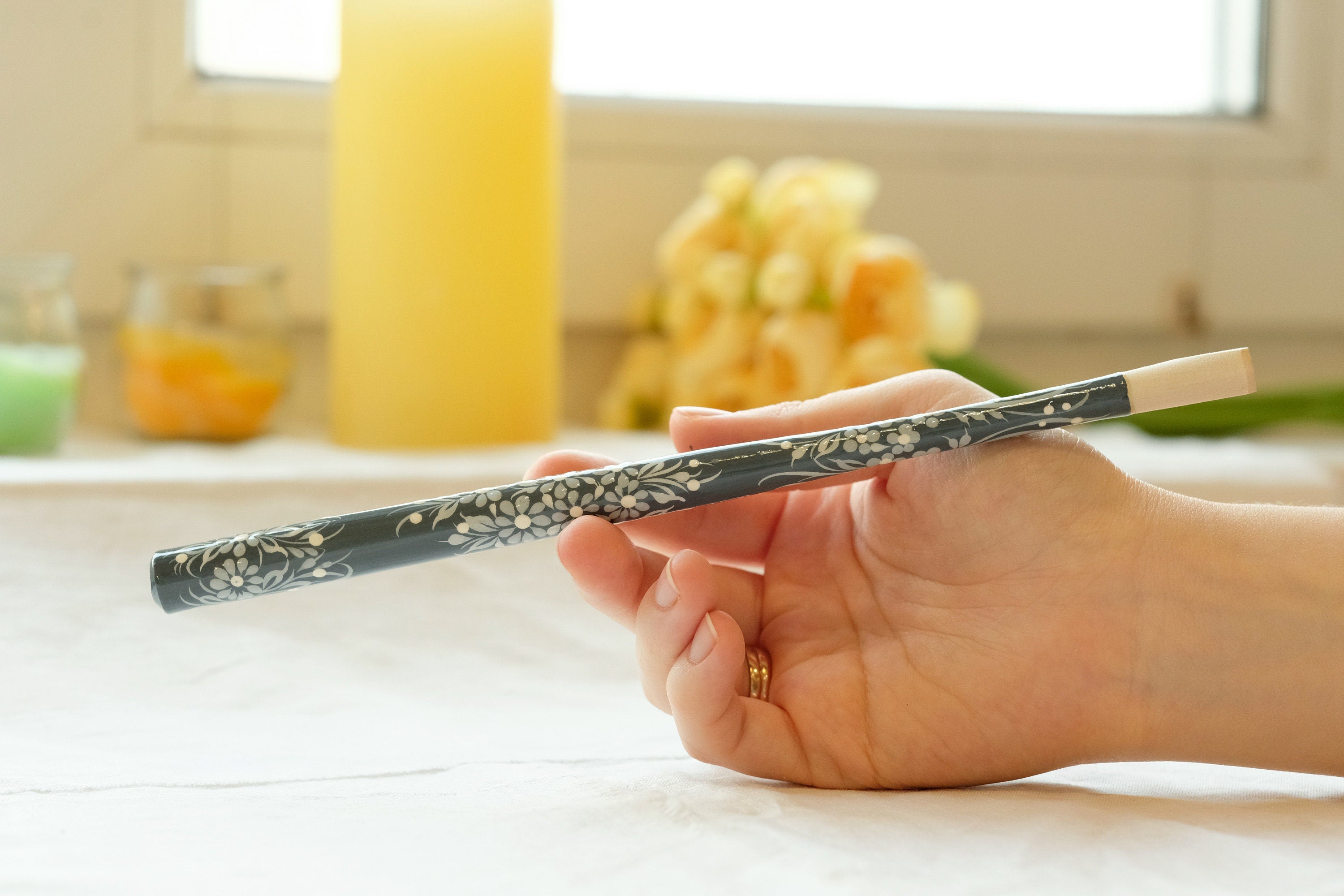 Extra long Wooden Regular Cigarette Holder - Hand-painted with Ukrainian Folk Art Petrykivka - Gray Flowers