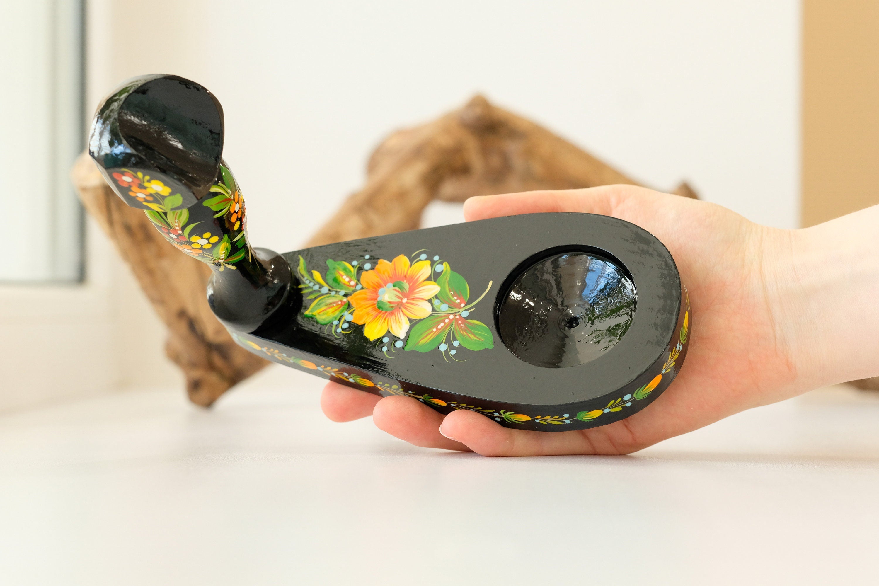 Smoking pipe stand - Painted Wooden Sunflower pipe holder with Ukrainian Petrykivka Folk Art