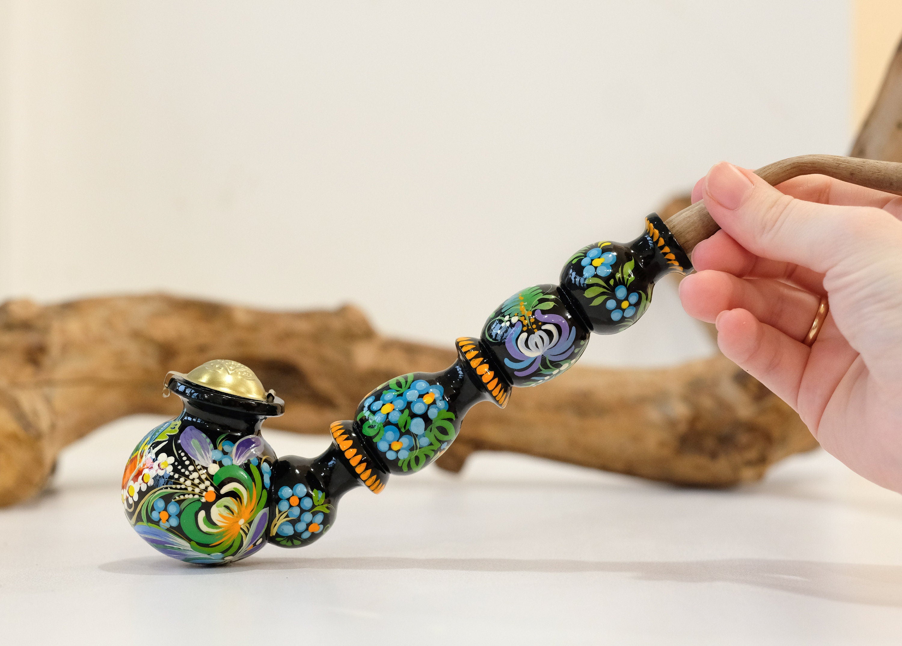 Painted Wooden Smoking Caterpillar Pipe with Lid - Ukrainian Folk Art Petrykivka Tobacco Pipe