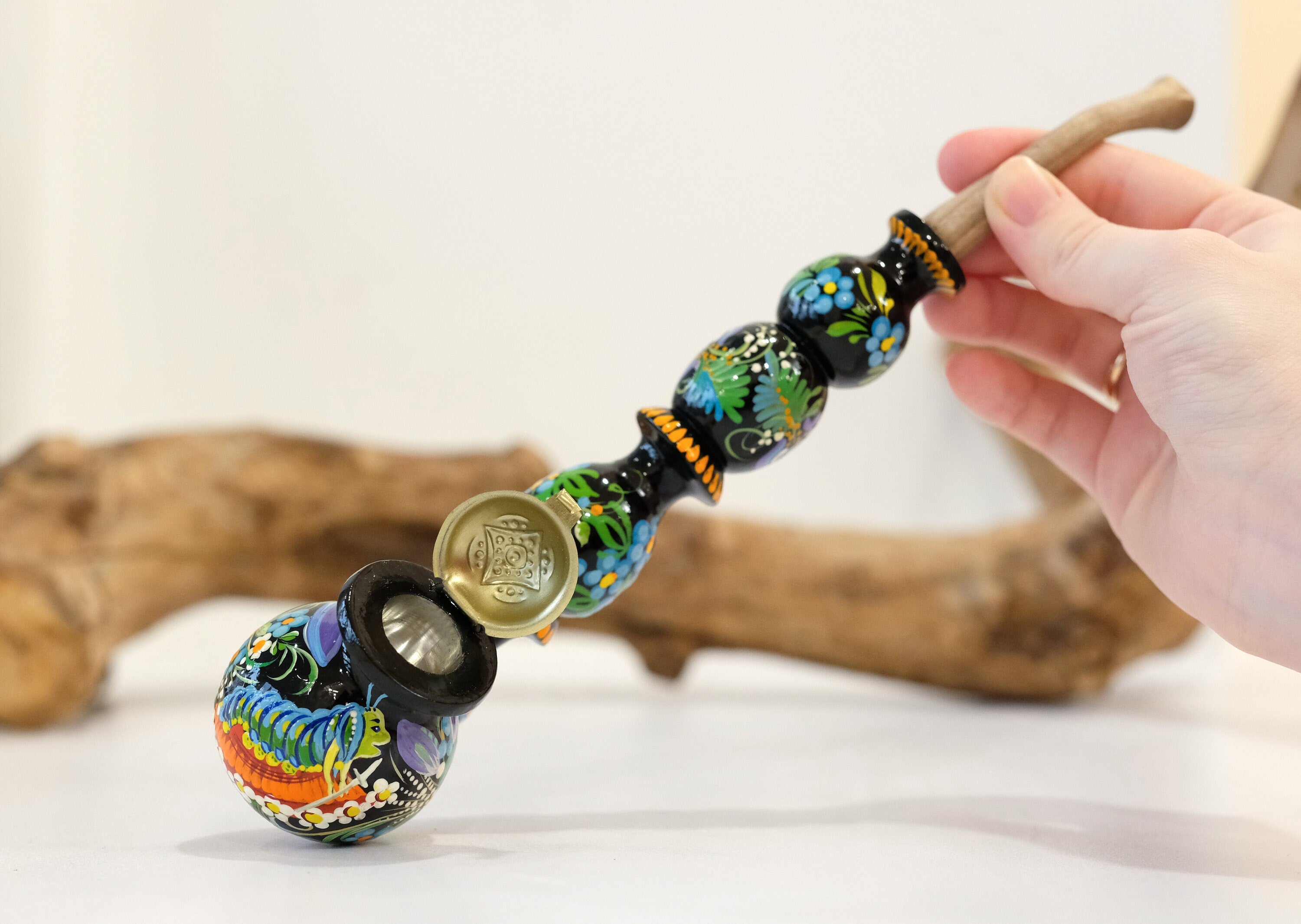 Painted Wooden Smoking Caterpillar Pipe with Lid - Ukrainian Folk Art Petrykivka Tobacco Pipe