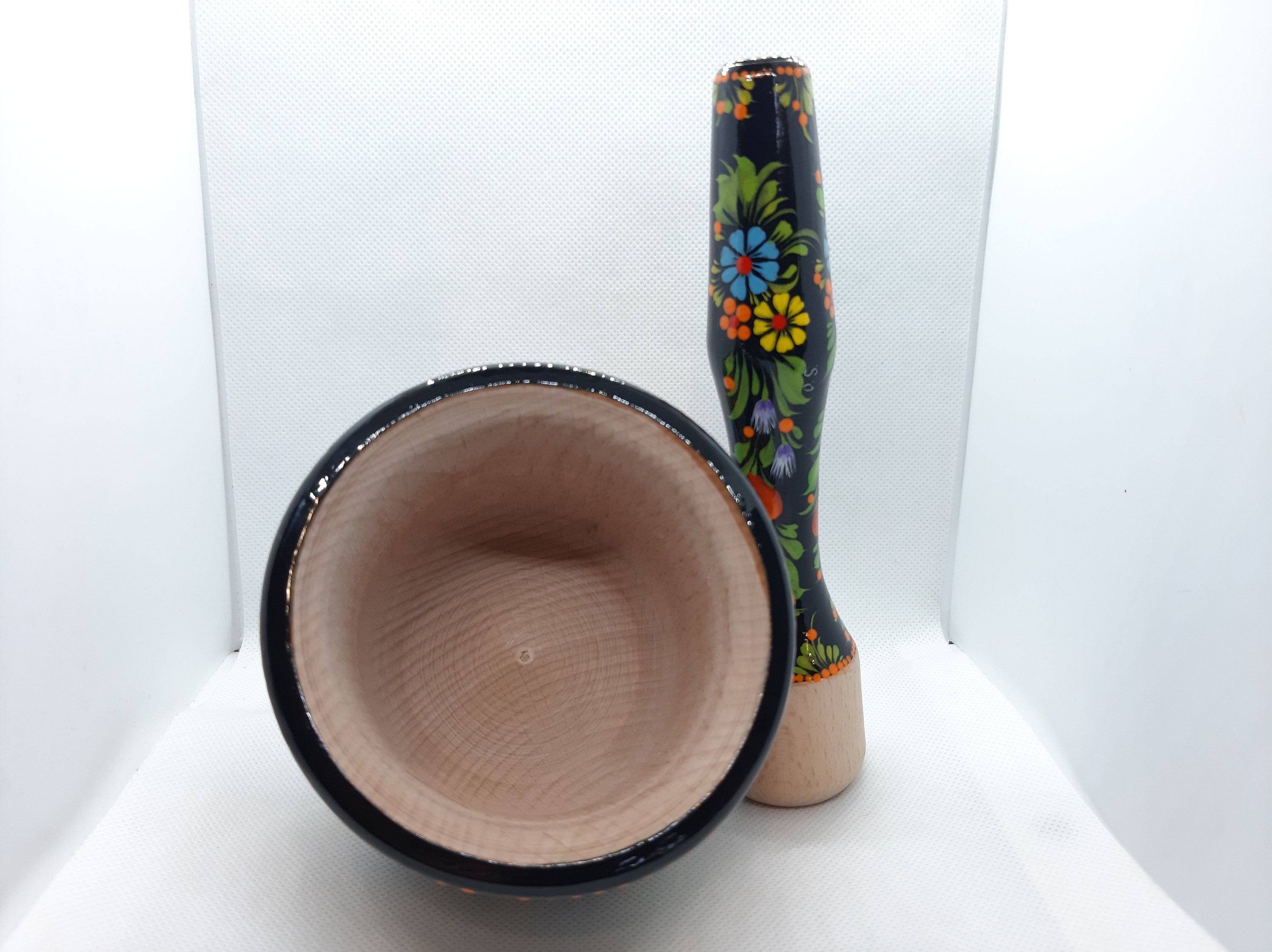 Mortar and Pestle set, Bee mortar and pestle, Wooden spices masher, Herb grinding bowl, Painted red flower crush pot, Ukraine Petrylivka art
