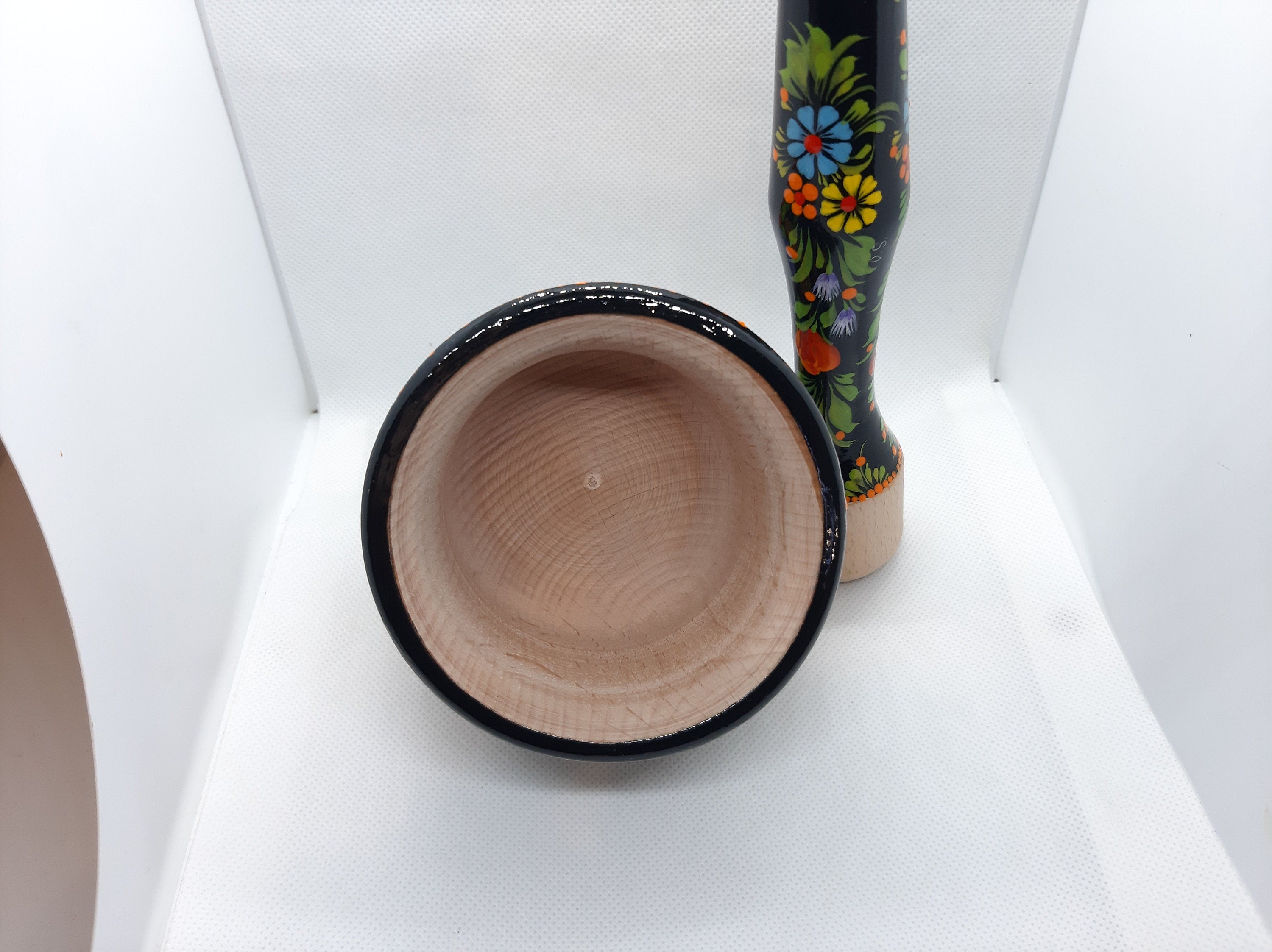 Mortar and Pestle set, Bee mortar and pestle, Wooden spices masher, Herb grinding bowl, Painted red flower crush pot, Ukraine Petrylivka art