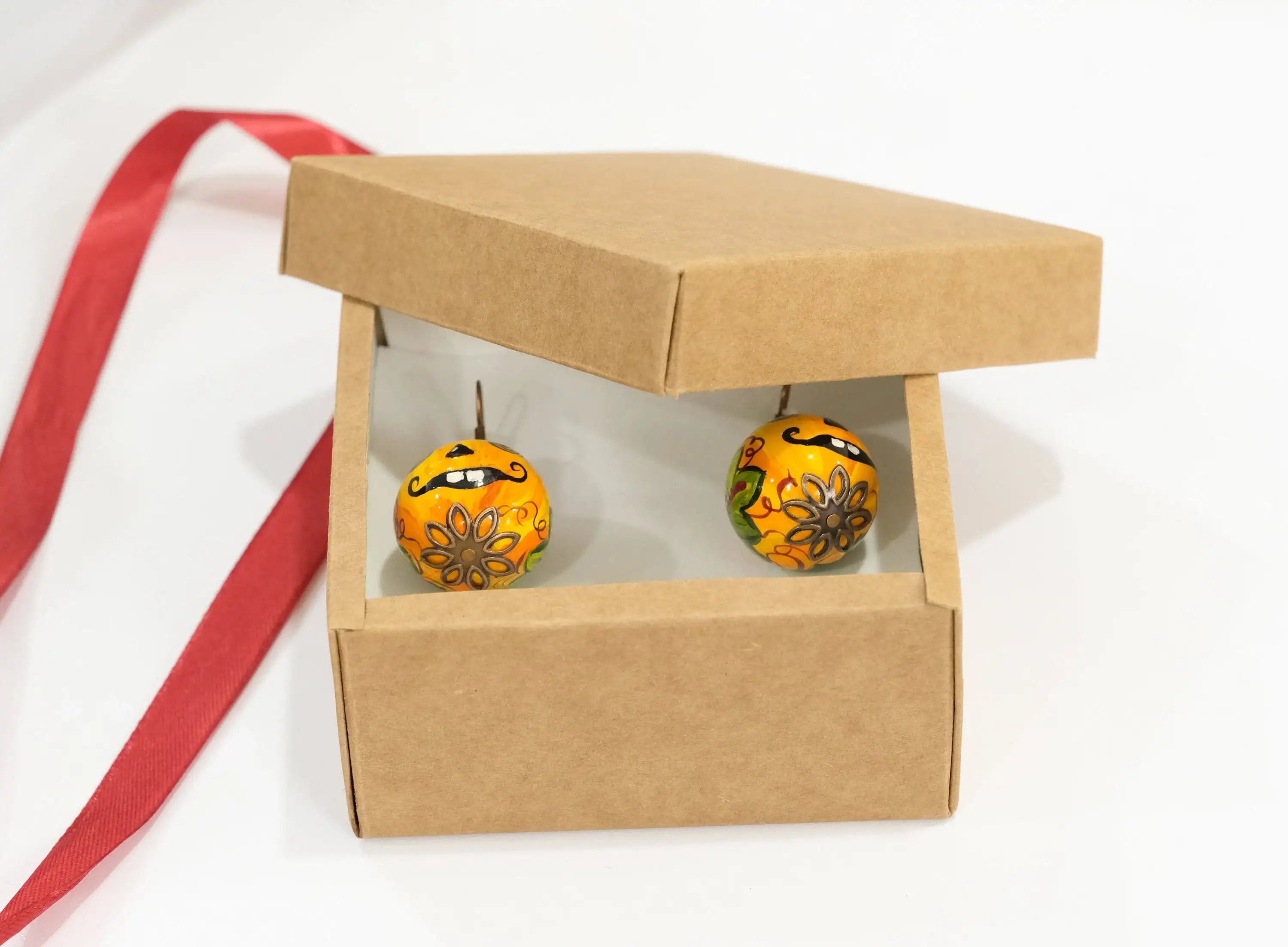 Painted Wooden Pumpkin Face Earrings- Lightweight Dangle Drop Halloween Earrings