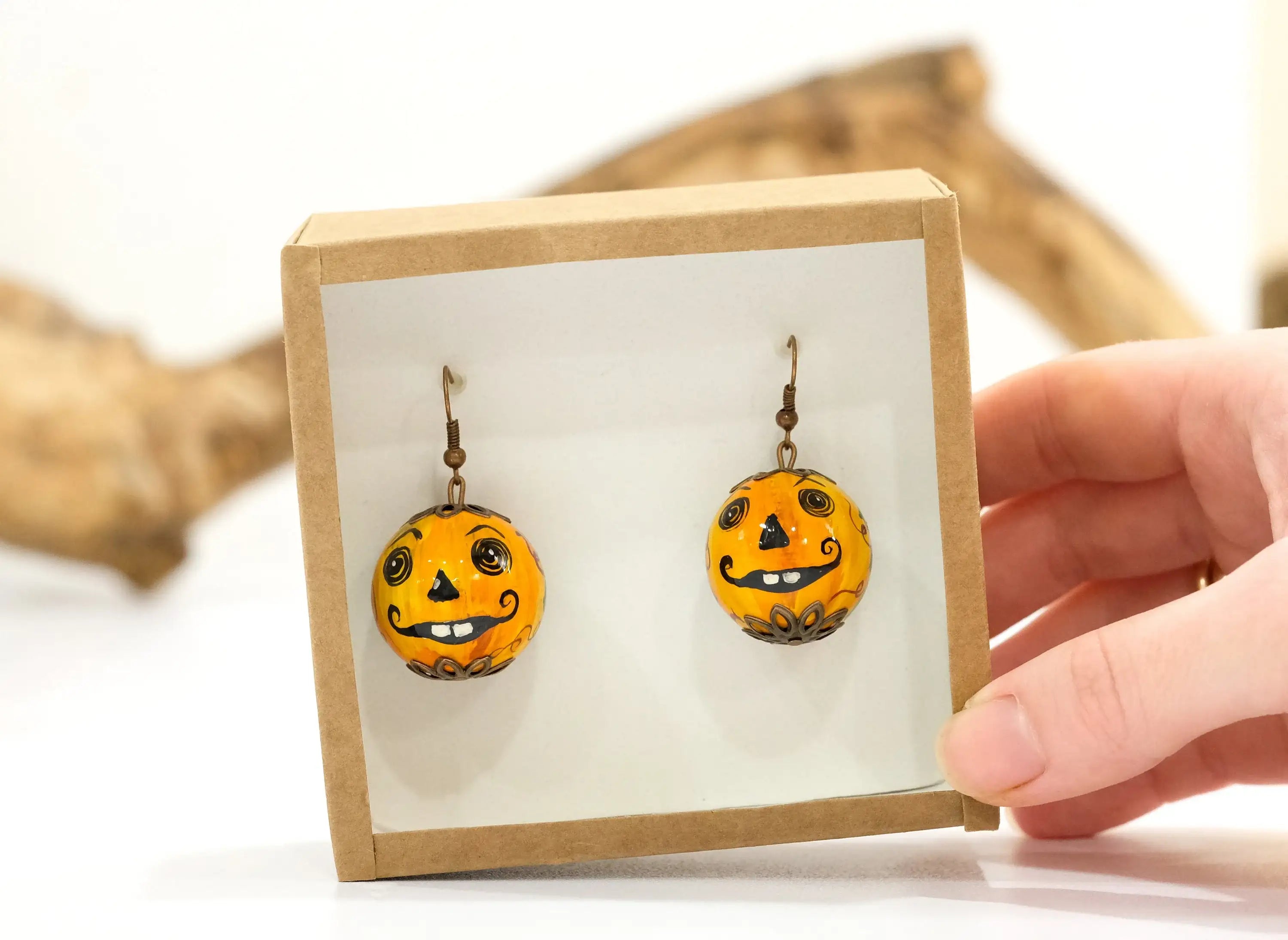 Painted Wooden Pumpkin Face Earrings- Lightweight Dangle Drop Halloween Earrings