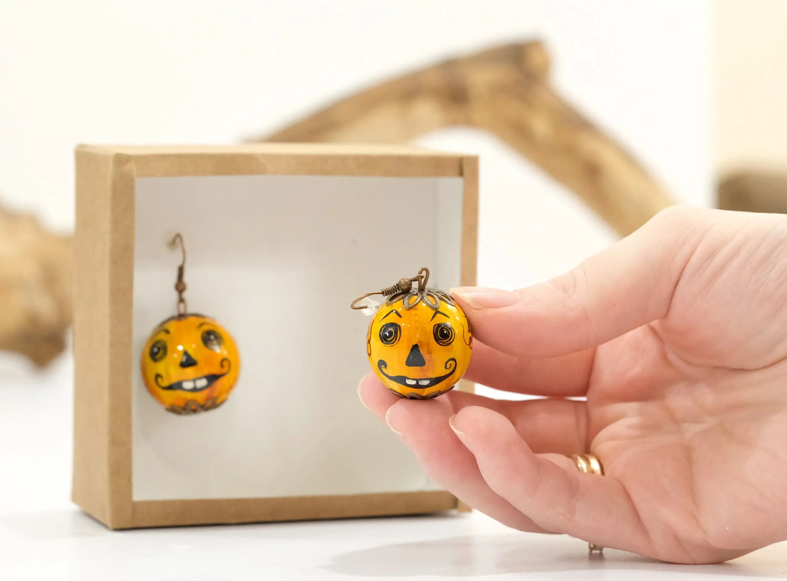 Painted Wooden Pumpkin Face Earrings- Lightweight Dangle Drop Halloween Earrings