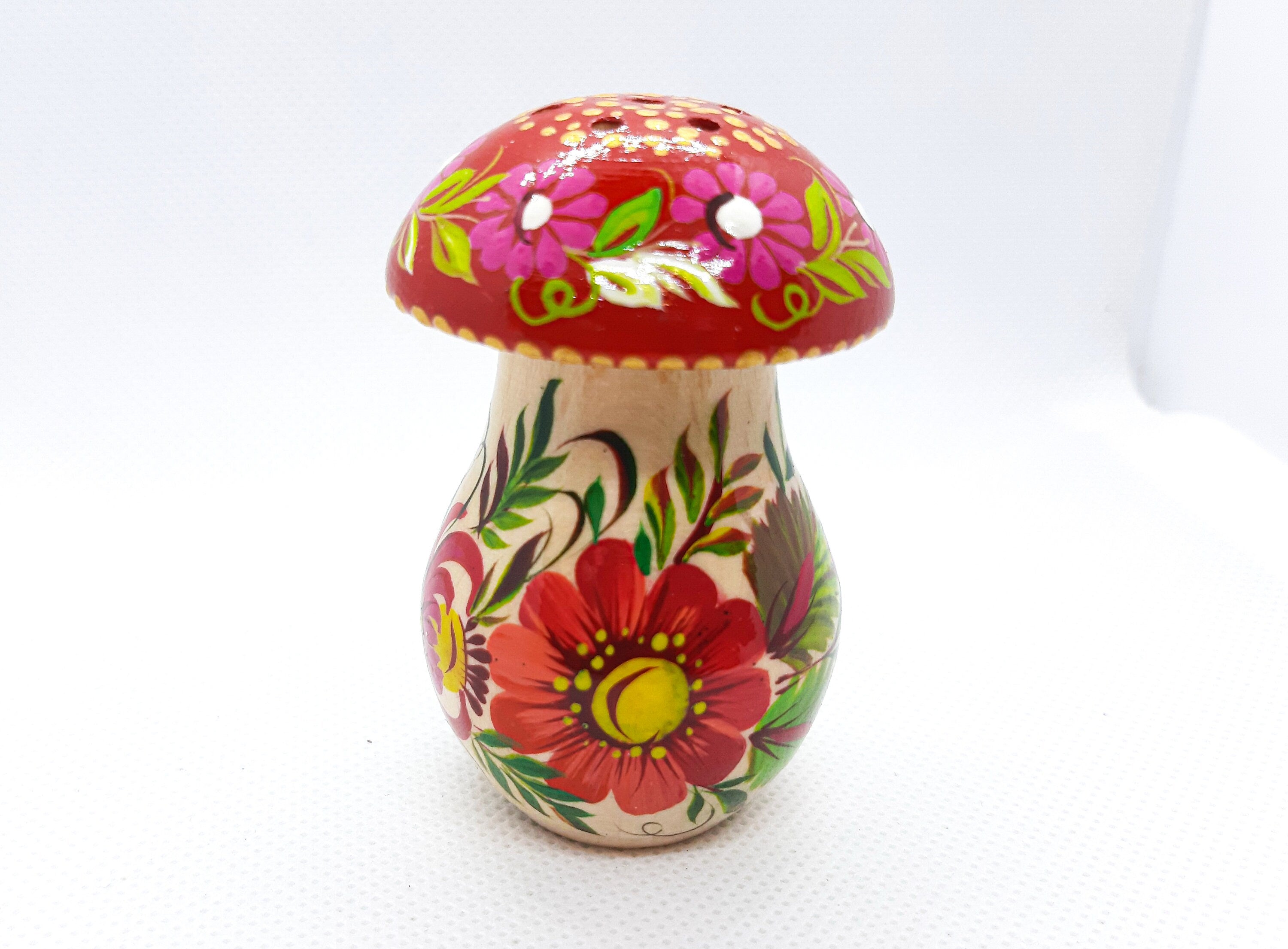 Wooden Salt and Pepper Shaker - Artisanal Painted Mushroom-shaped Shaker, Petrykivka Art