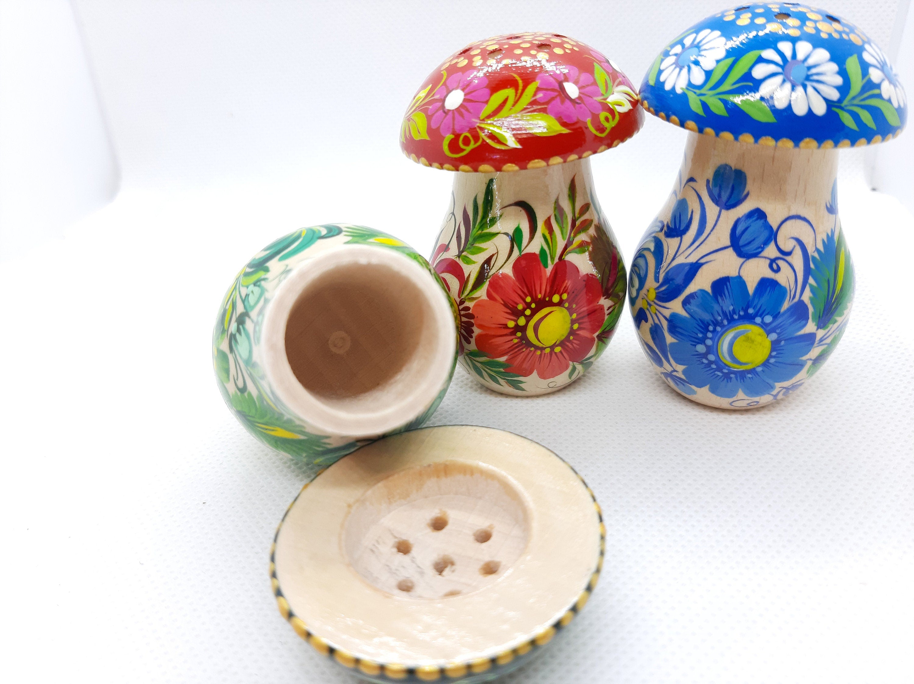 Wooden Salt and Pepper Shaker - Artisanal Painted Mushroom-shaped Shaker, Petrykivka Art