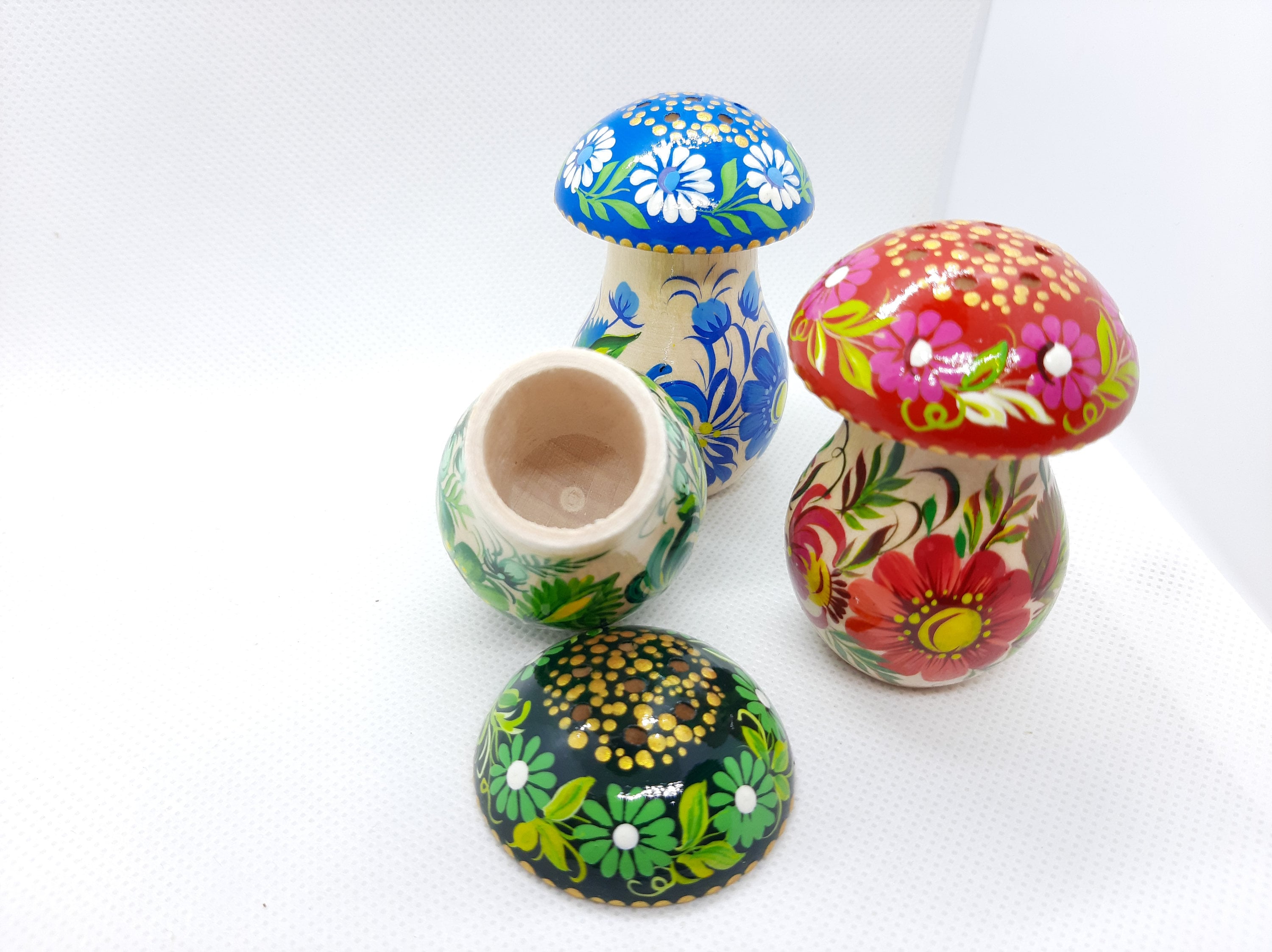 Wooden Salt and Pepper Shaker - Artisanal Painted Mushroom-shaped Shaker, Petrykivka Art