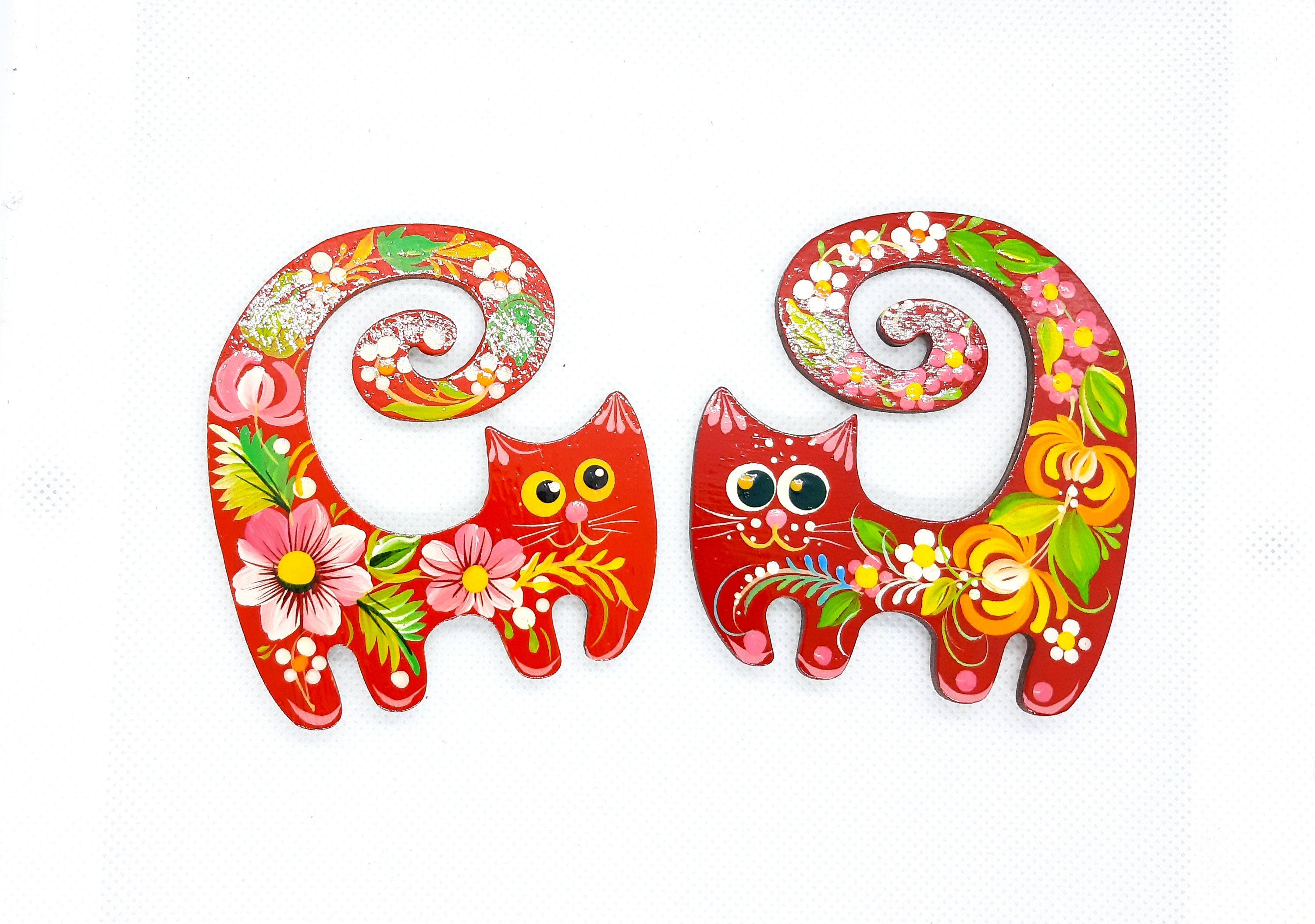 Painted Wooden Funny Cat Fridge Magnets Set - Petrykivka Art Cute Decorative Magnets, Handmade Locker Magnets