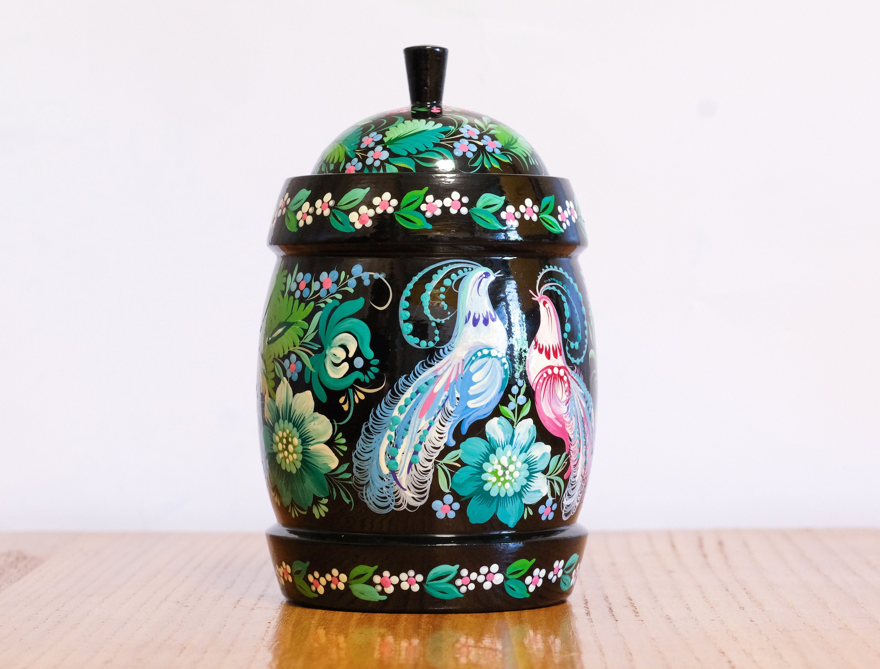 Wooden Jar with Lid - Hand-painted Emerald Green Fairy Bird Kitchen Canister, Ukrainian Folk Art Petrykivka