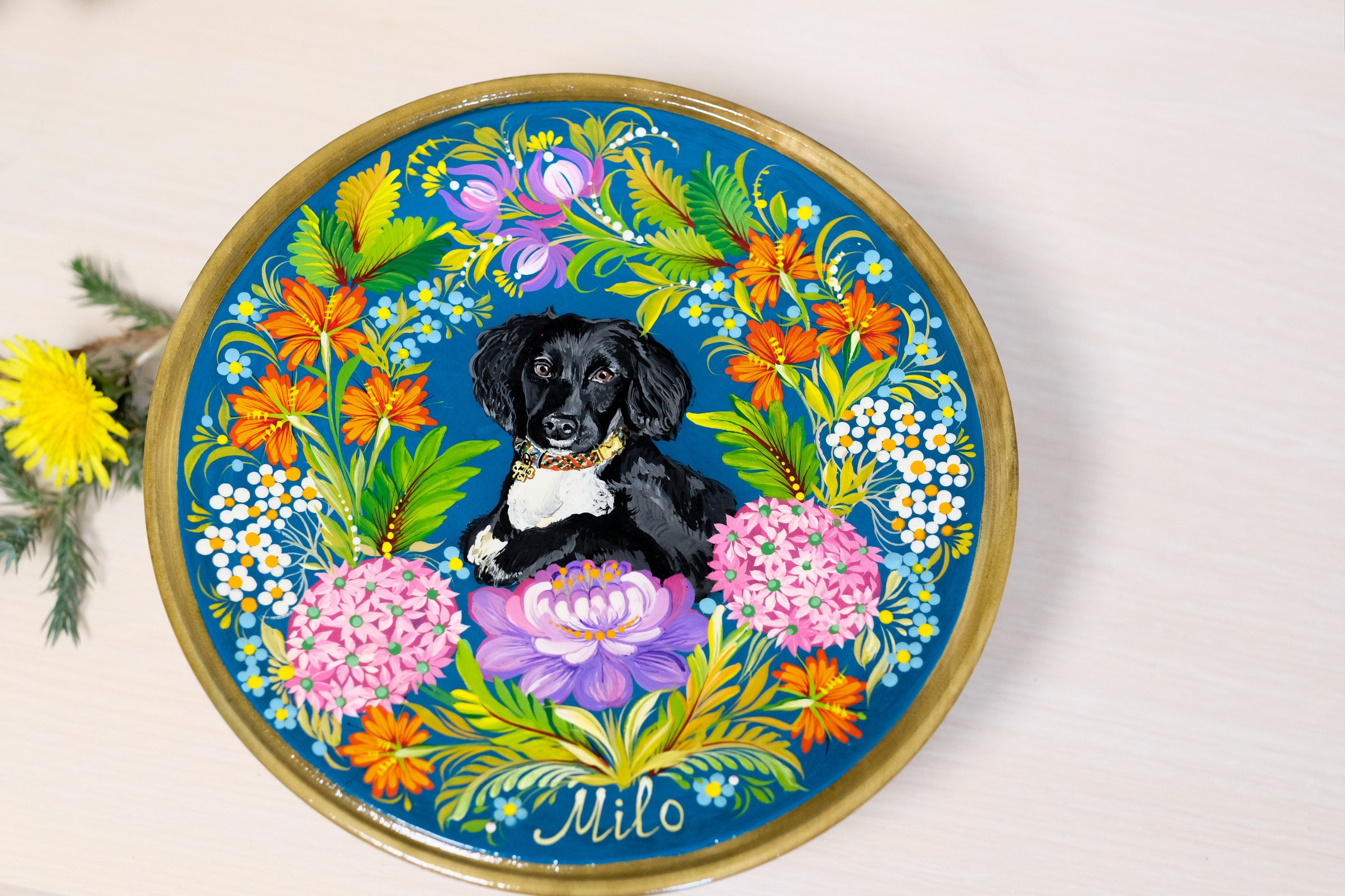 Custom Pet Portrait Painting on Wooden Plate - Personalized Pet Loss Memorial Gift, Animal Portrait Decorated with Petrykivka Art